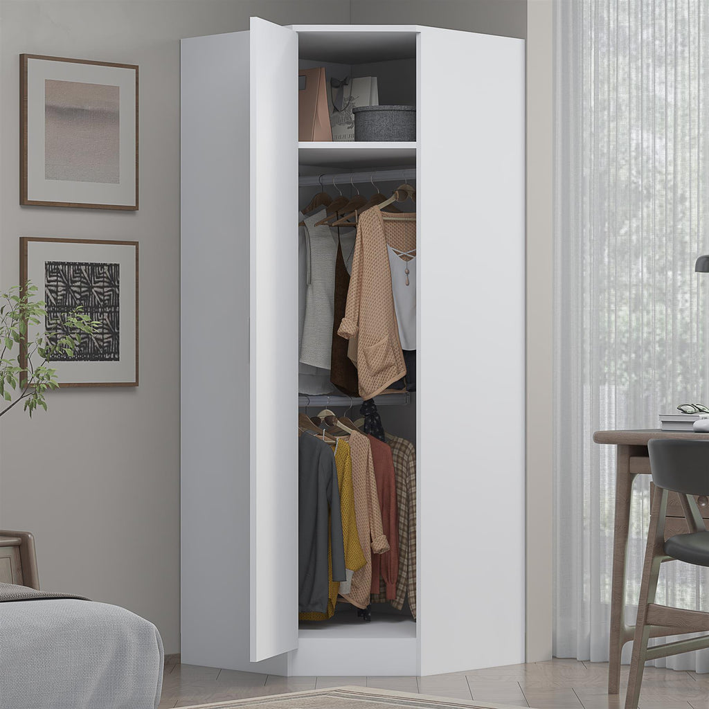 Reflect 1 Door Corner Wardrobe - White Gloss & Matt White - 2 Hanging Rails & 8 Shelves - H: 180cm x W: 74.4cm - Modern Design