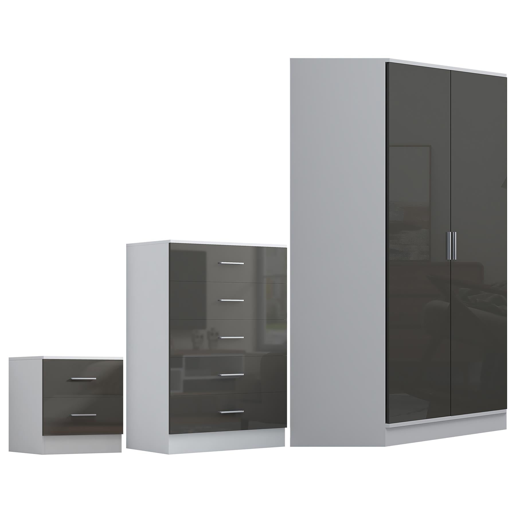 REFLECT Gloss 4pc Set - 2 Door Corner Wardrobe + 5 Draw Chest + Bedside
