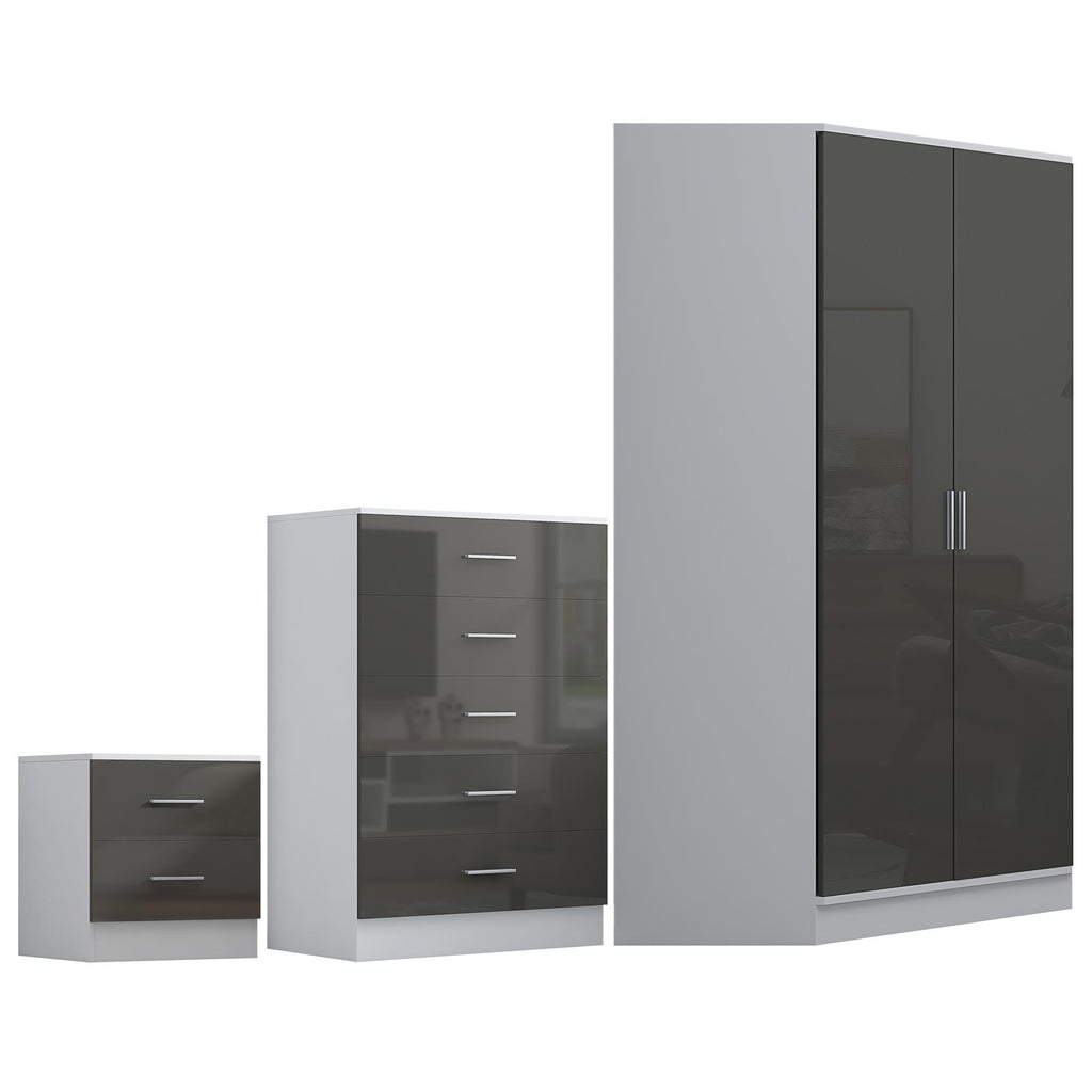 Reflect 2 Door Corner Wardrobe, 5 Drawer Chest, 2 Drawer Bedside - Grey Gloss & Matt White - Bedroom Furniture Set