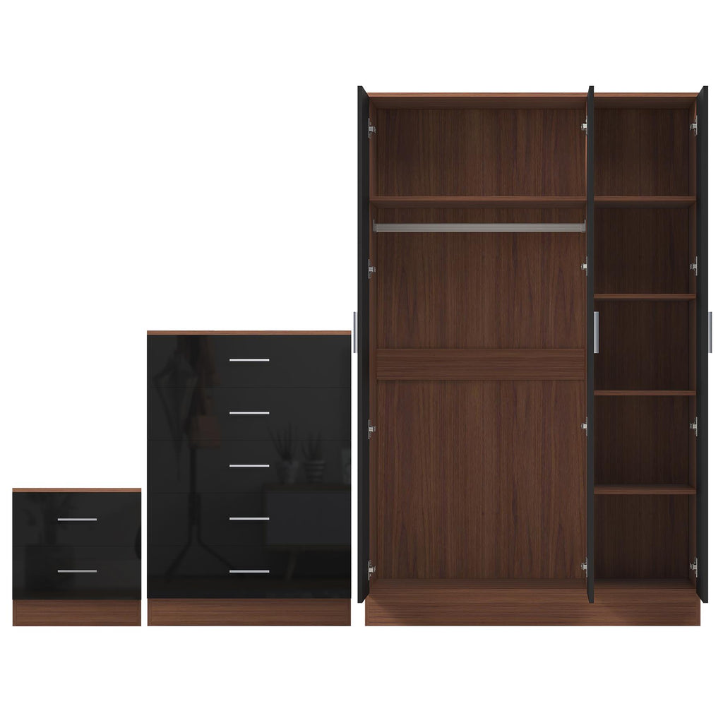 REFLECT Gloss 3pc Set - 3 Door Mirrored Wardrobe + 5 Draw Chest + Bedside