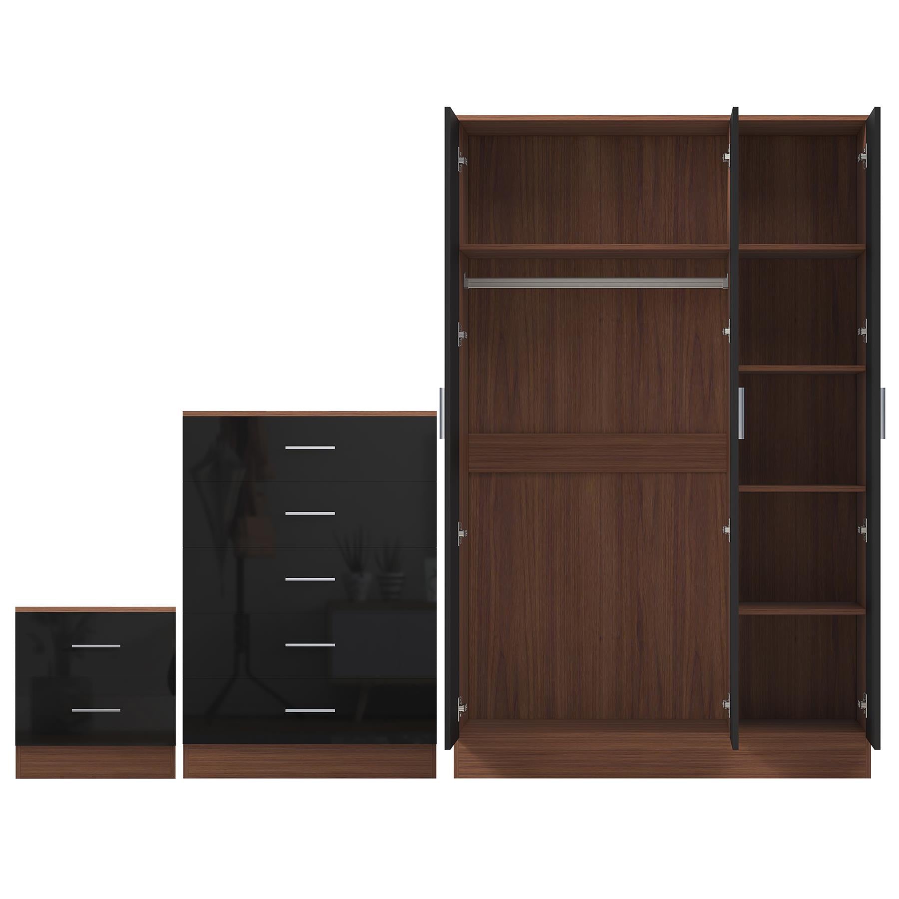REFLECT Gloss 3pc Set - 3 Door Mirrored Wardrobe + 5 Draw Chest + Bedside
