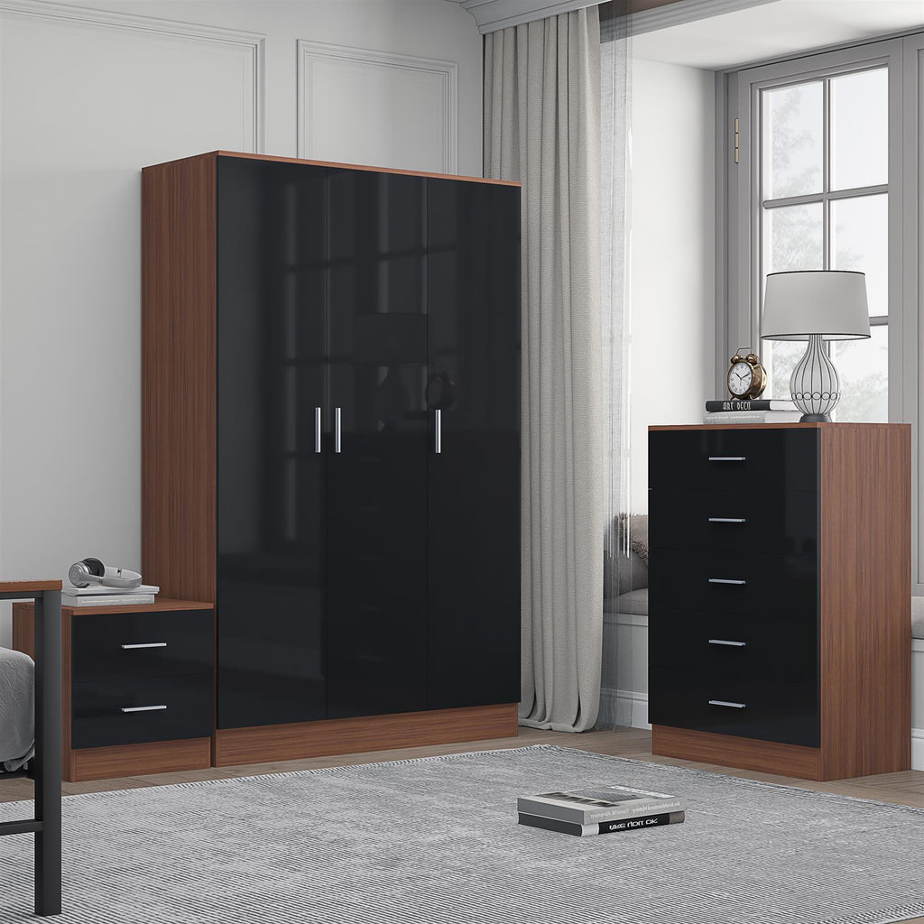 REFLECT Gloss 3pc Bedroom Set - 3 Door Wardrobe + 5 Draw Chest + Bedside