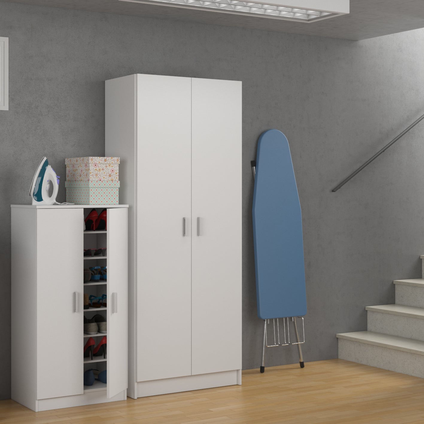 BALTIC Tall White Bathroom Storage Cabinet with 2 Doors- Slim Reversible Design.