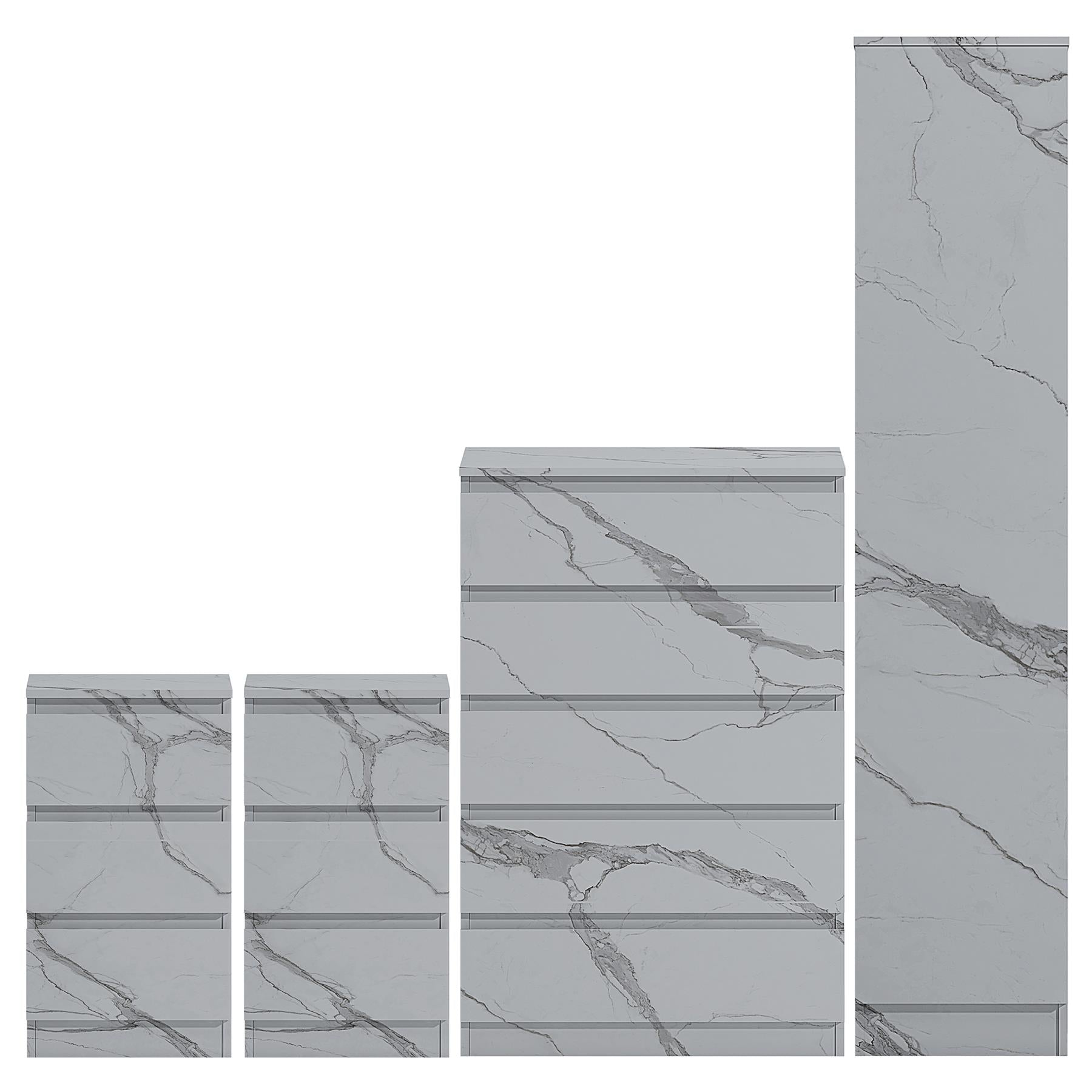 ZITA 4pc White Marble Effect Bedroom Set - 1-Door Wardrobe, Tall Chest & 2 Bedside Tables, Stylish Modern Storage Furniture