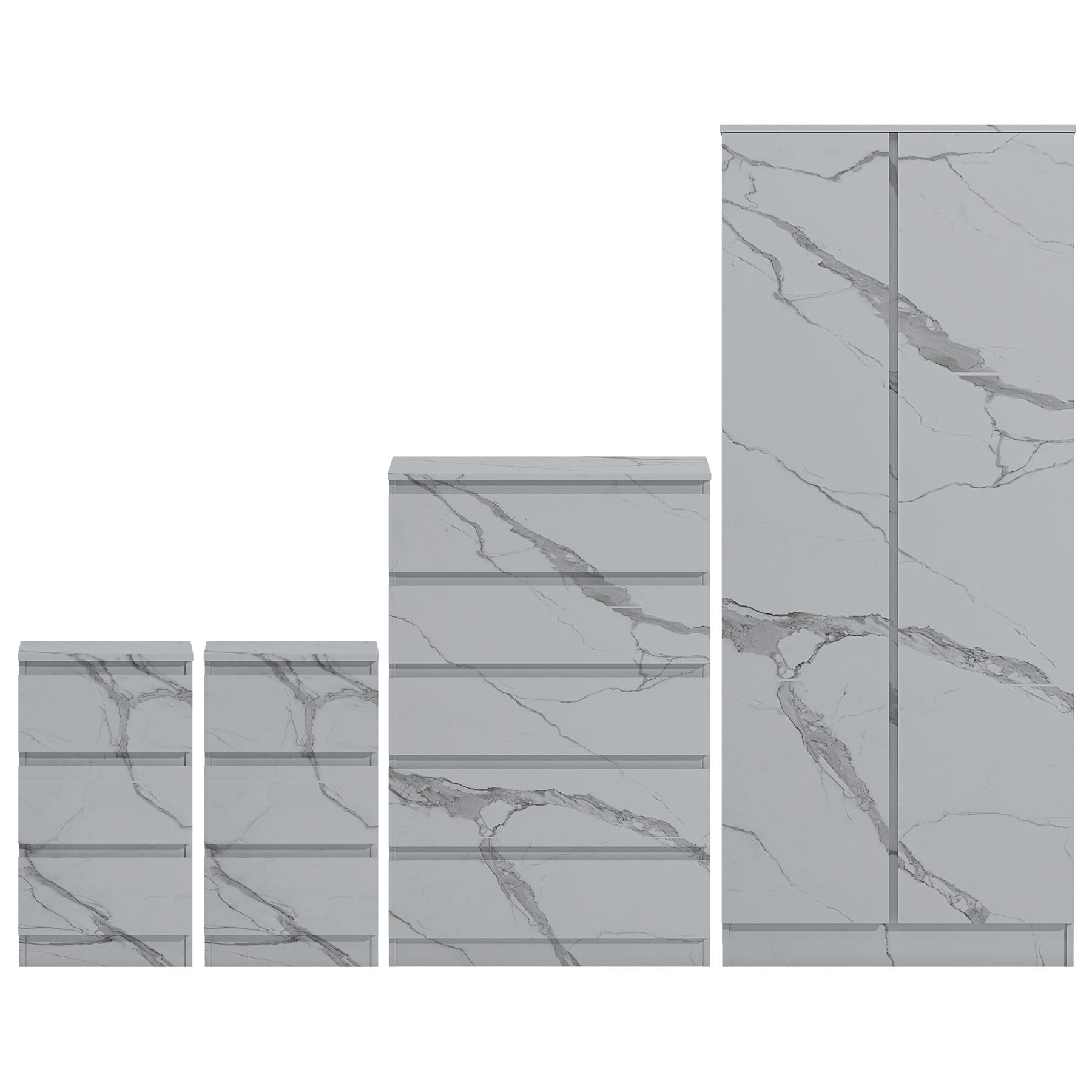 ZITA 4pc Set - 2 Door Wardrobe + Tall Chest + 2 Bedsides in White OR Grey Marble