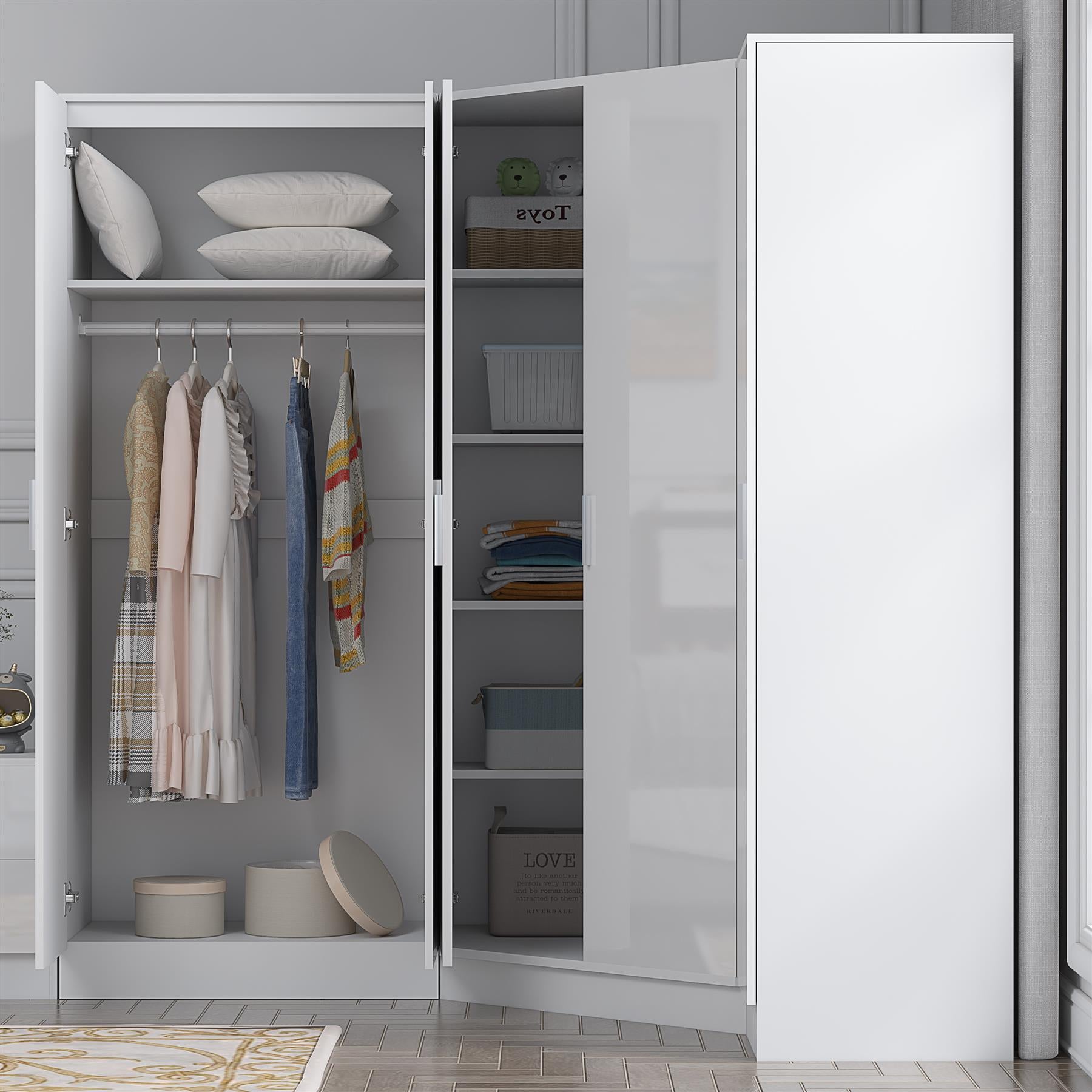 Reflect 3pc Wardrobe Bundle - 2 Door Corner + 2 Door Mirror + 1 Door Plain - White Gloss & Matt White