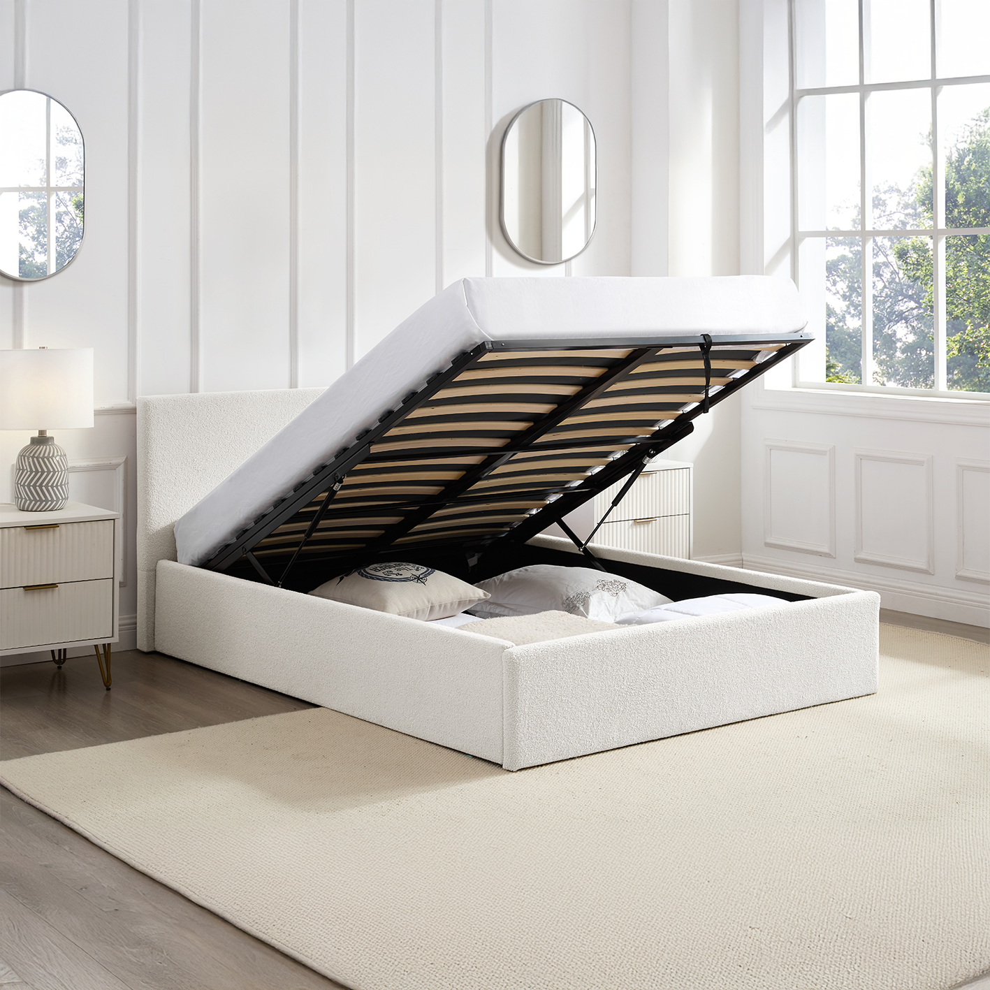 TEDDY BOUCLE 4FT Small Double Gas Lift Up Ottoman Storage Bedframe (White)