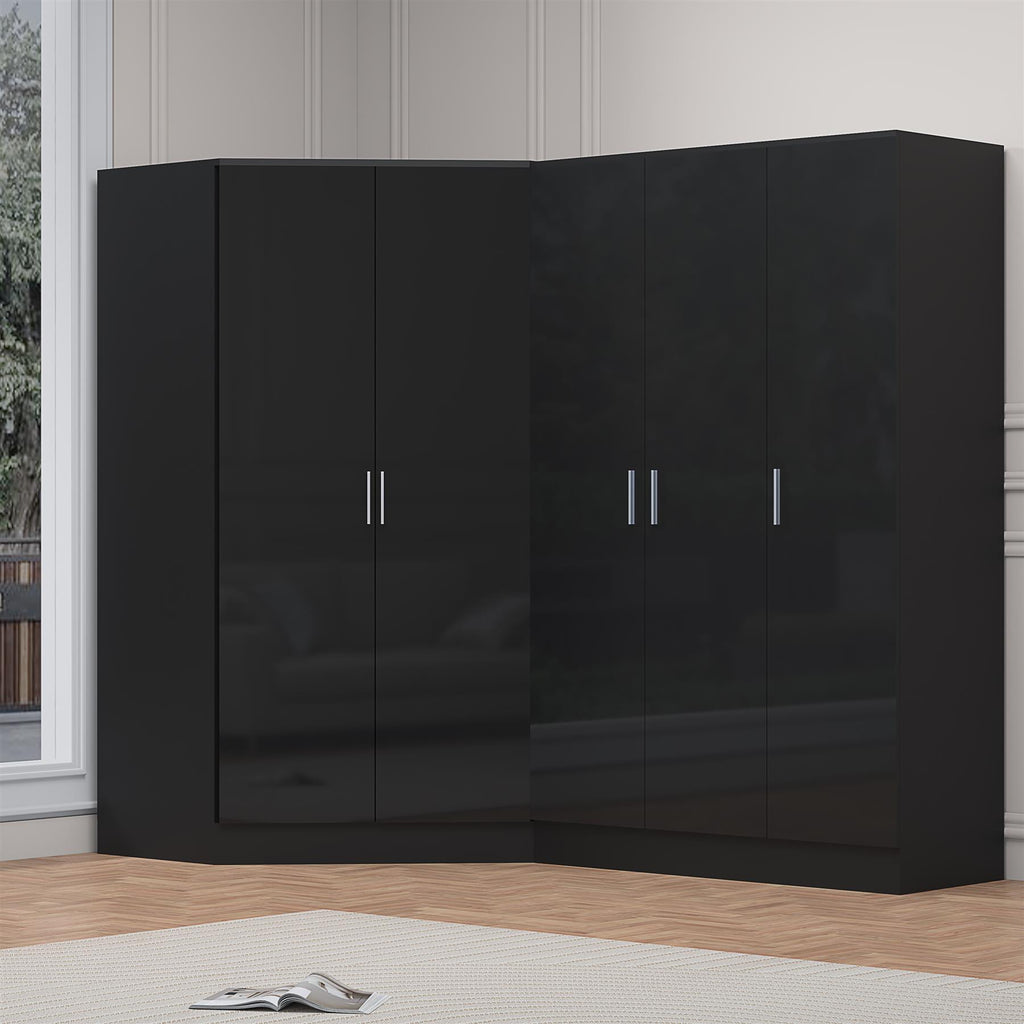 Reflect 2pc Wardrobe Bundle - 2 Door Corner + 3 Door Plain - Black Gloss & Black Oak - H: 180cm x W: 179cm x D: 103cm