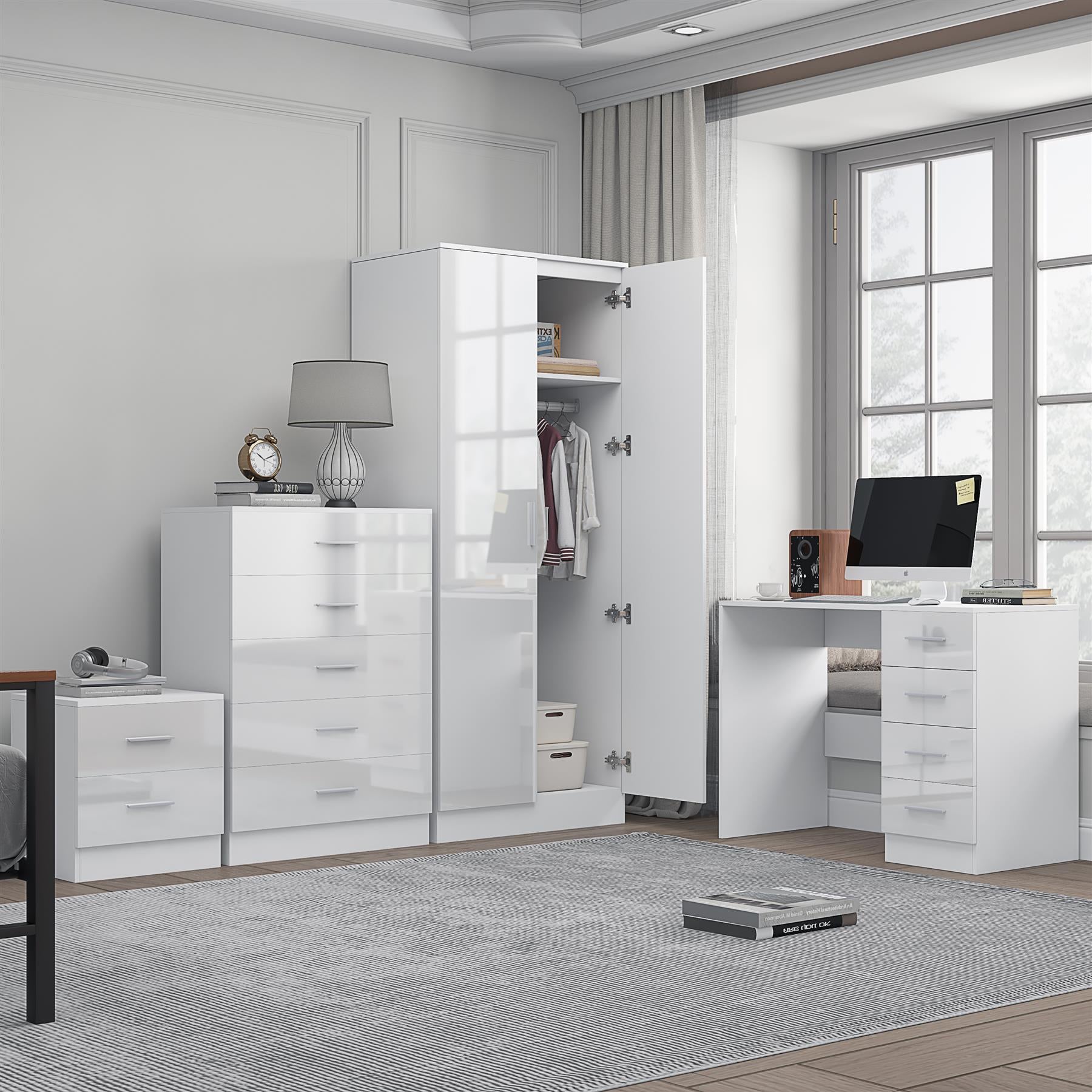 Reflect 2 Door Mirror Wardrobe, 5 Drawer Chest, 2 Drawer Bedside & Desk - White Gloss & Matt White - Modern Bedroom Furniture Set