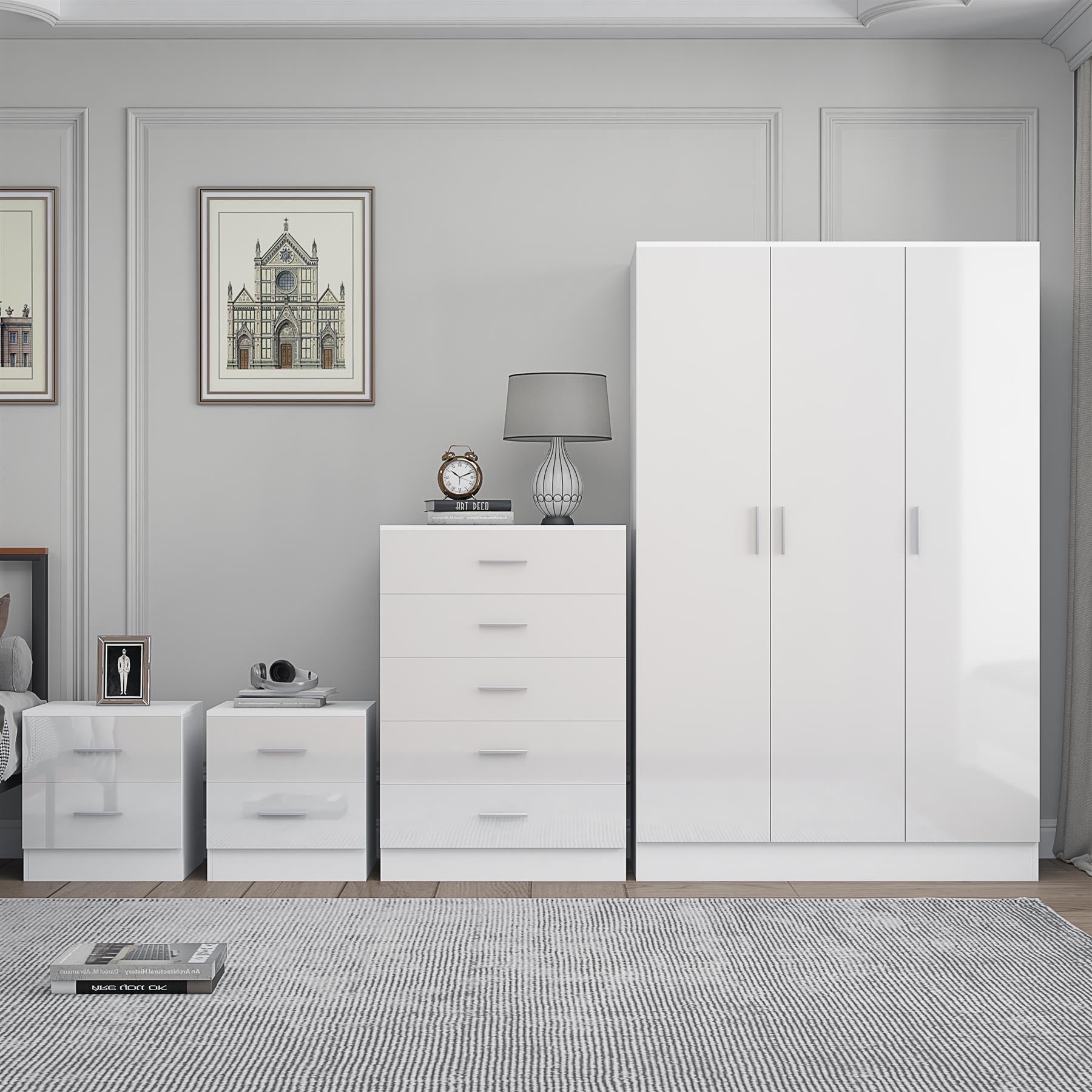 REFLECT Gloss 4pc Bedroom Set - 3 Door Wardrobe + 5 Draw Chest + 2 Bedsides