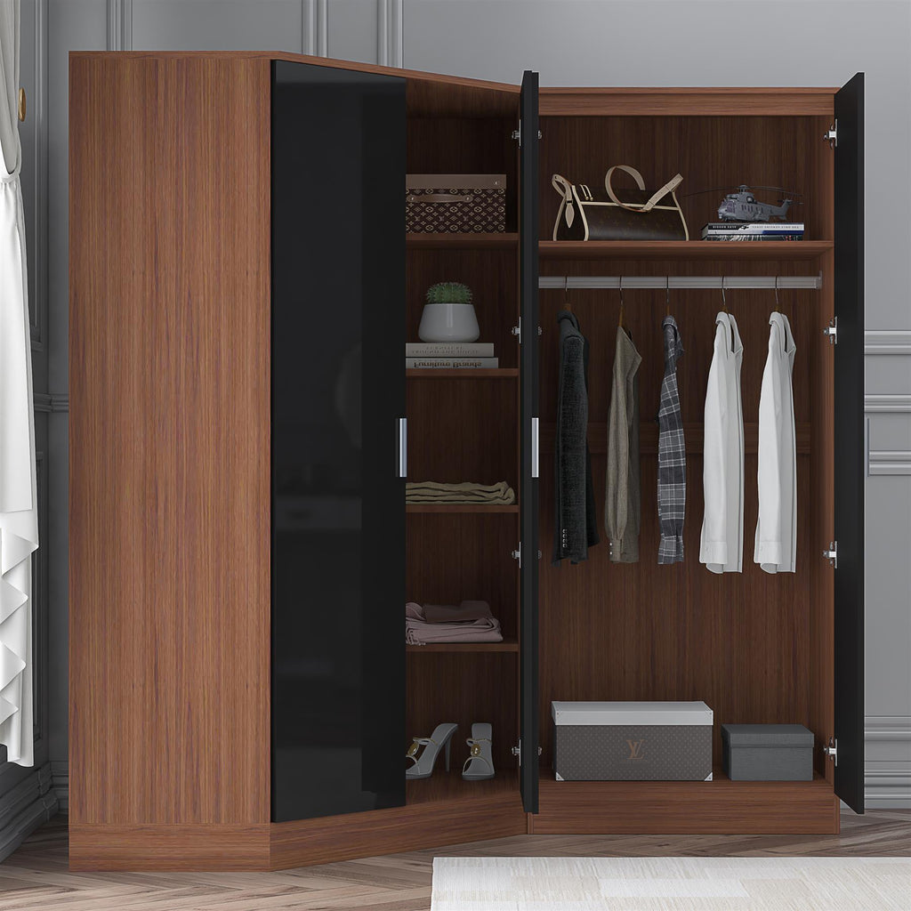 Reflect 2pc Wardrobe Bundle - 2 Door Corner + 2 Door Mirror - Black Gloss & Walnut - H: 180cm x W: 179cm x D: 103cm