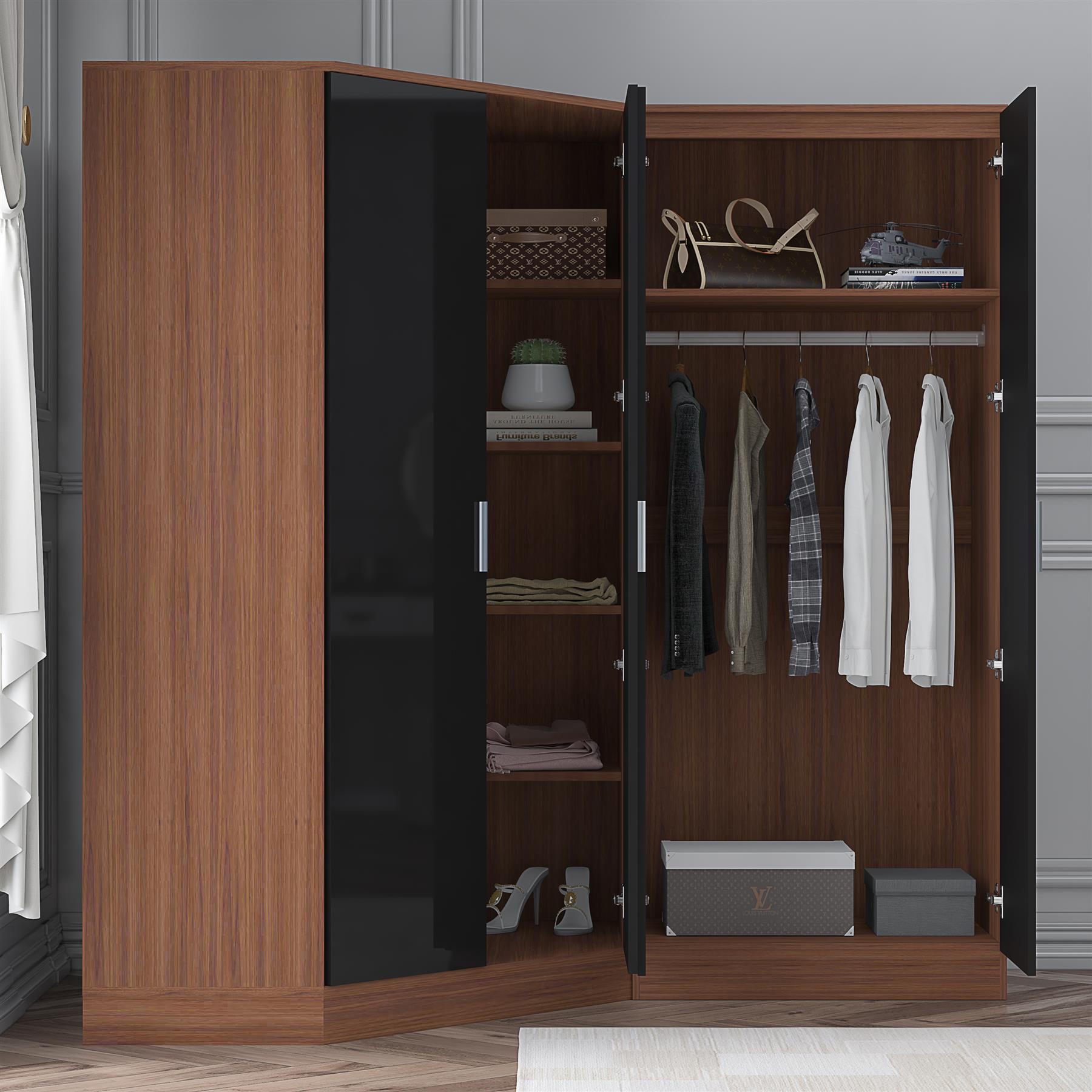 Reflect 2pc Wardrobe Bundle - 2 Door Corner + 2 Door Mirror - Black Gloss & Walnut - H: 180cm x W: 179cm x D: 103cm