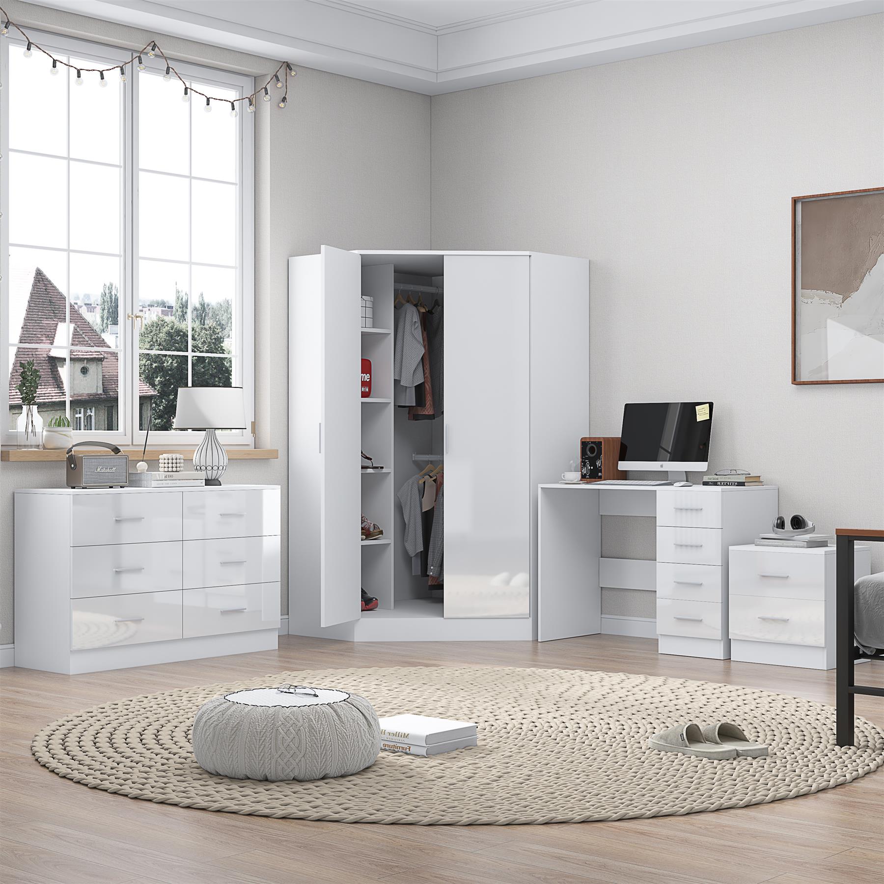 REFLECT - 2 Door CORNER + 6 Drawer Chest + 2 Drawer Bedside + 4 Drawer Desk - Gloss White / Matt White