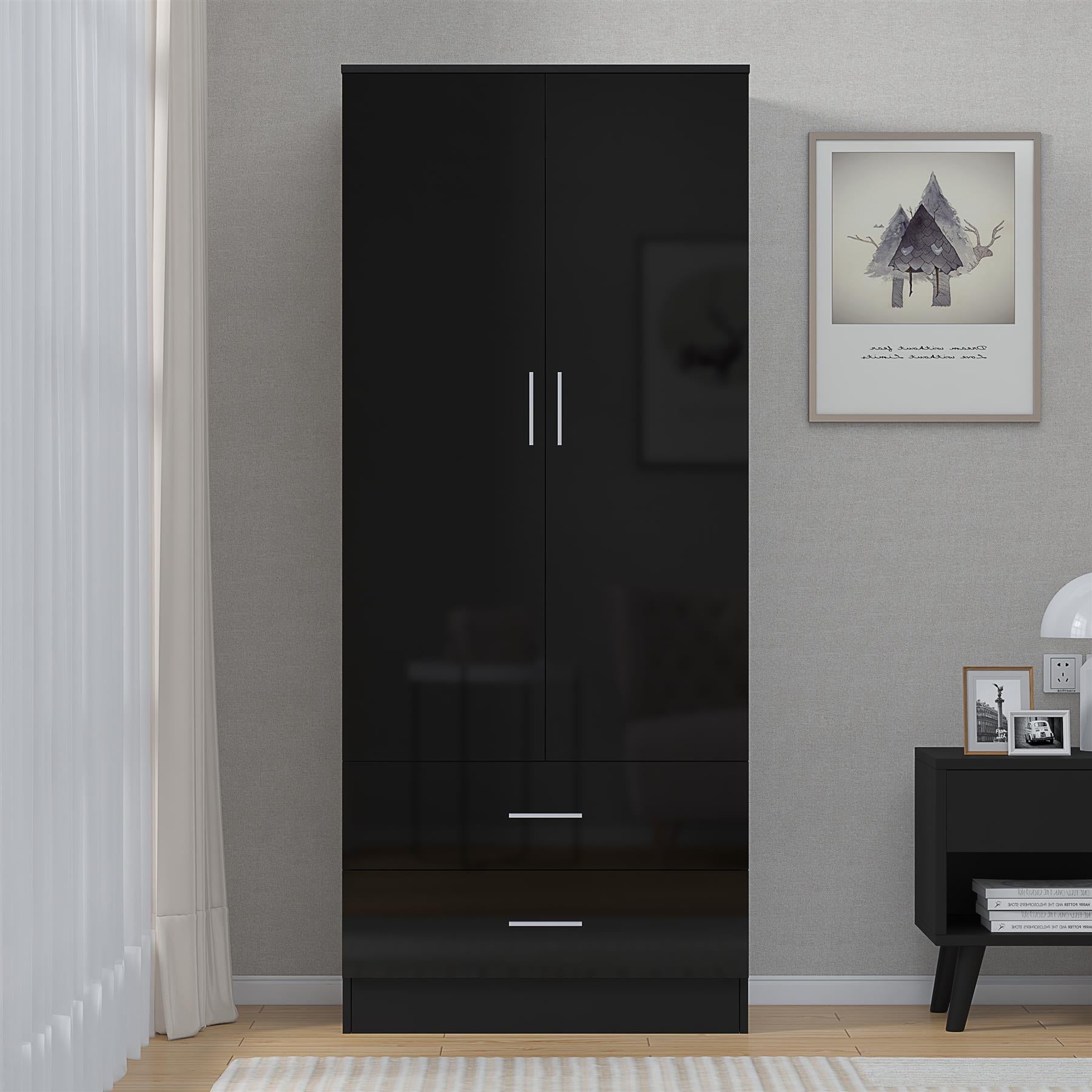 REFLECT High Gloss Bedroom Furniture Wardrobe Chest Bedside Desk Option in Black