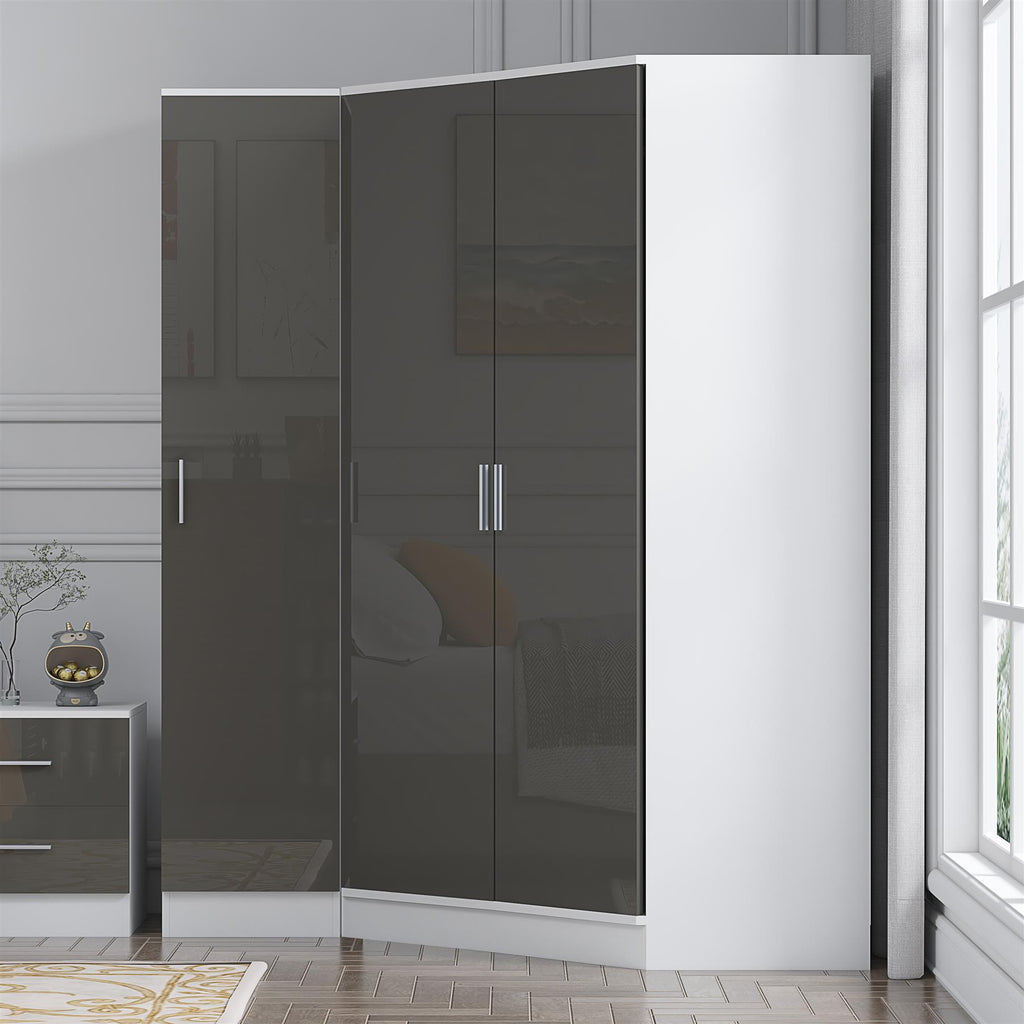 Reflect 2pc Wardrobe Bundle - 2 Door Corner + 1 Door Plain - Grey Gloss & Matt White - H: 180cm x W: 179cm x D: 103cm