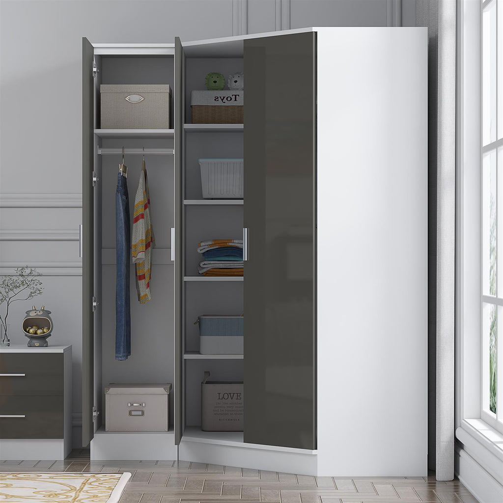 Reflect 2pc Wardrobe Bundle - 2 Door Corner + 1 Door Plain - Grey Gloss & Matt White - H: 180cm x W: 179cm x D: 103cm