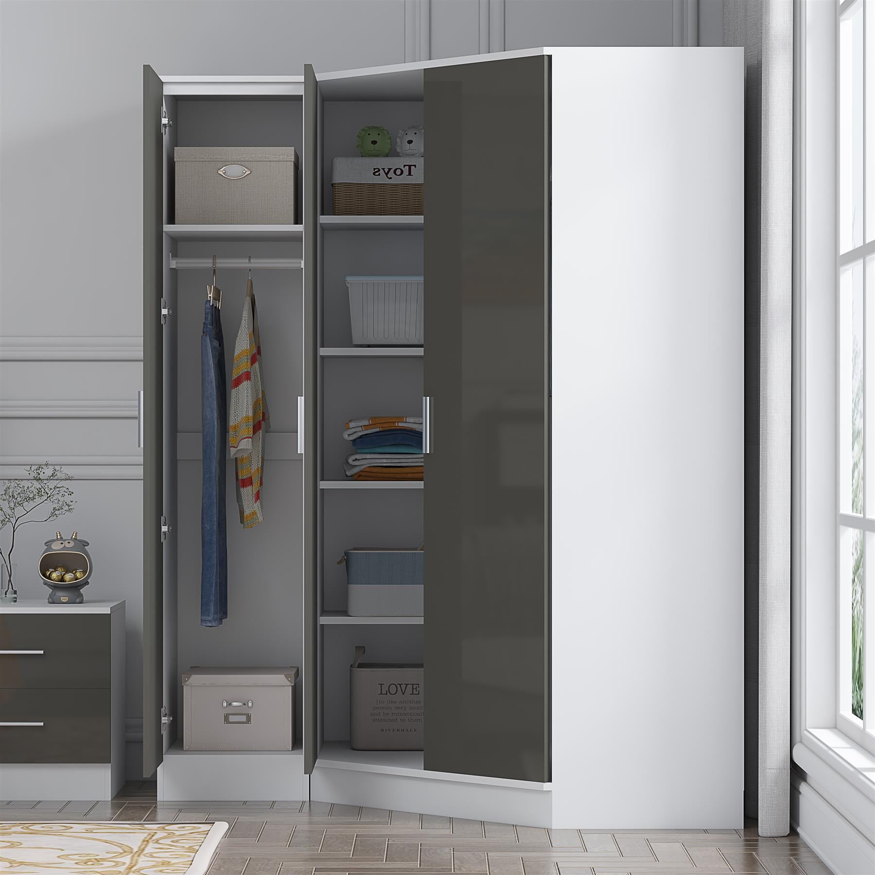 Reflect 2pc Wardrobe Bundle - 2 Door Corner + 1 Door Plain - Grey Gloss & Matt White - H: 180cm x W: 179cm x D: 103cm