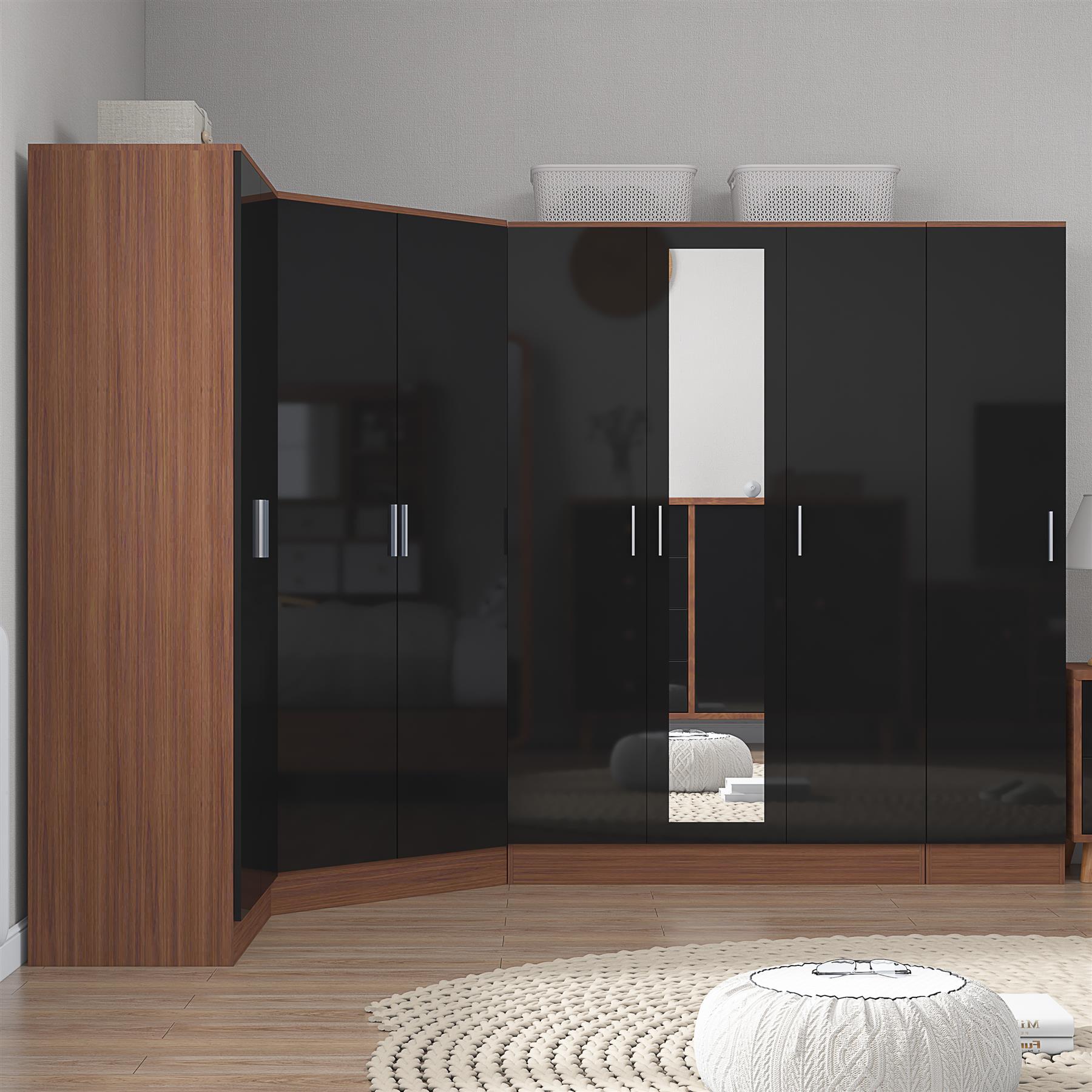 Reflect 4pc Wardrobe Bundle - 2 Door Corner + 3 Door Mirror + 2dr + 1dr Plain - Black Gloss & Walnut
