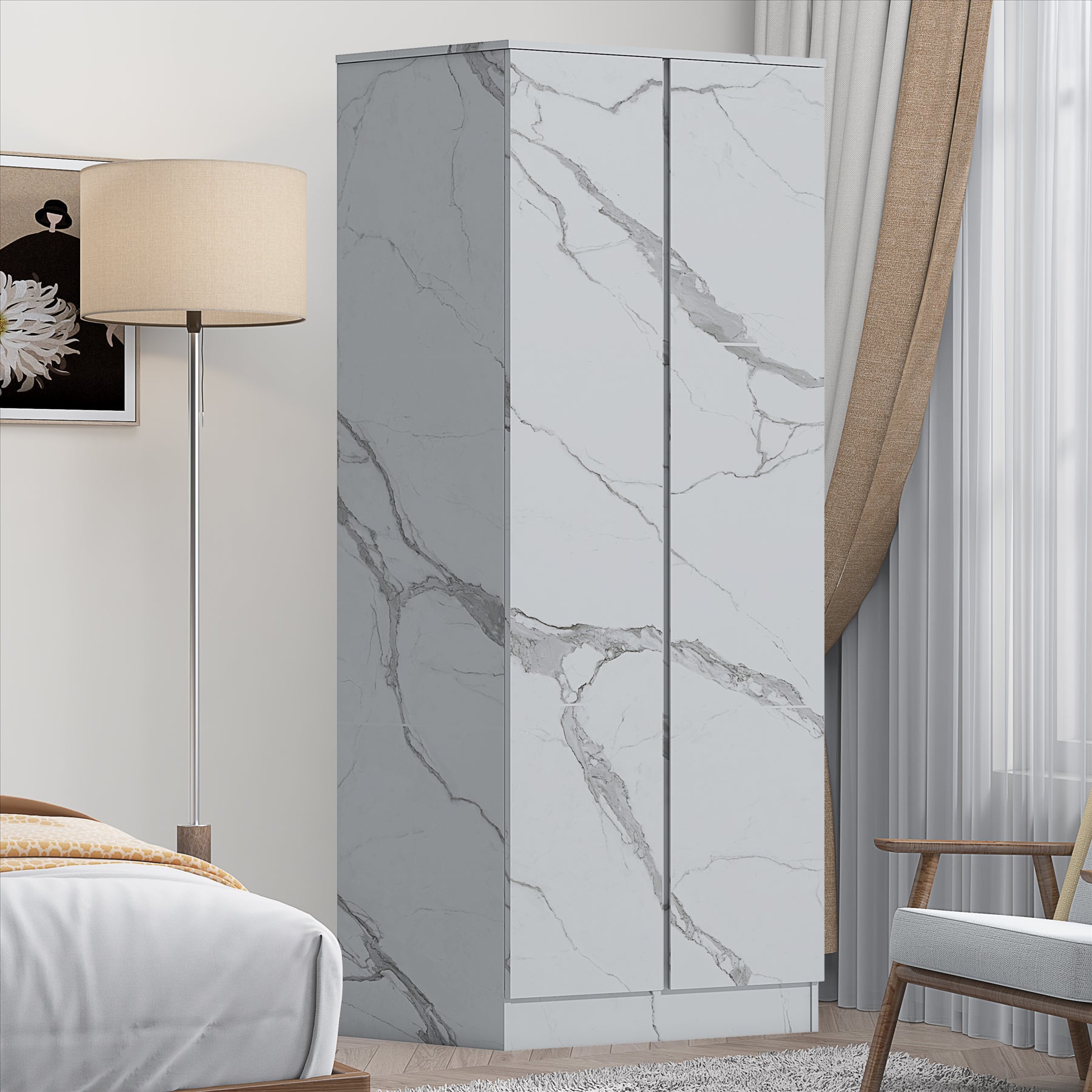 ZITA 2 Door PLAIN Wardrobe - White Marble Effect