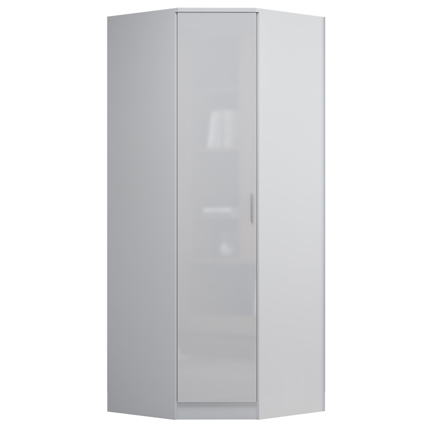 Reflect 1 Door Corner Wardrobe - White Gloss & Matt White - 2 Hanging Rails & 8 Shelves - H: 180cm x W: 74.4cm - Modern Design