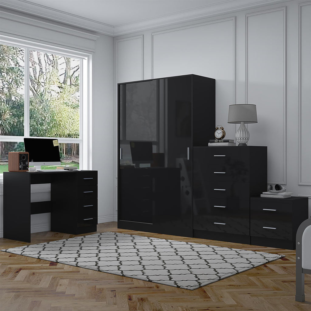 REFLECT Gloss 4pc Set - 2 Door Sliding Wardrobe + 5 Draw Chest + Bedside + Desk