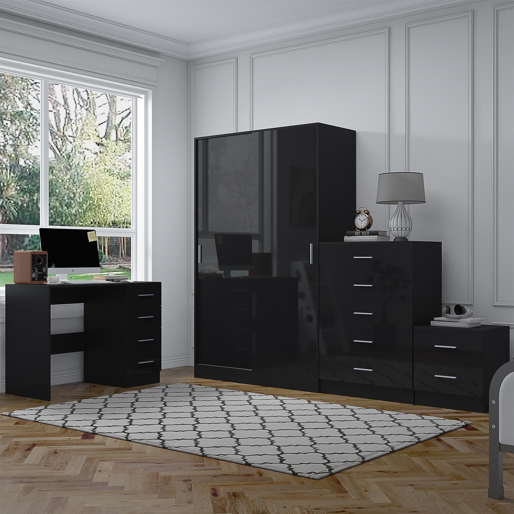 Reflect 2 Door Sliding Wardrobe, 5 Drawer Chest, 2 Drawer Bedside & Desk - Black Gloss & Black Oak - Modern Bedroom Furniture Set