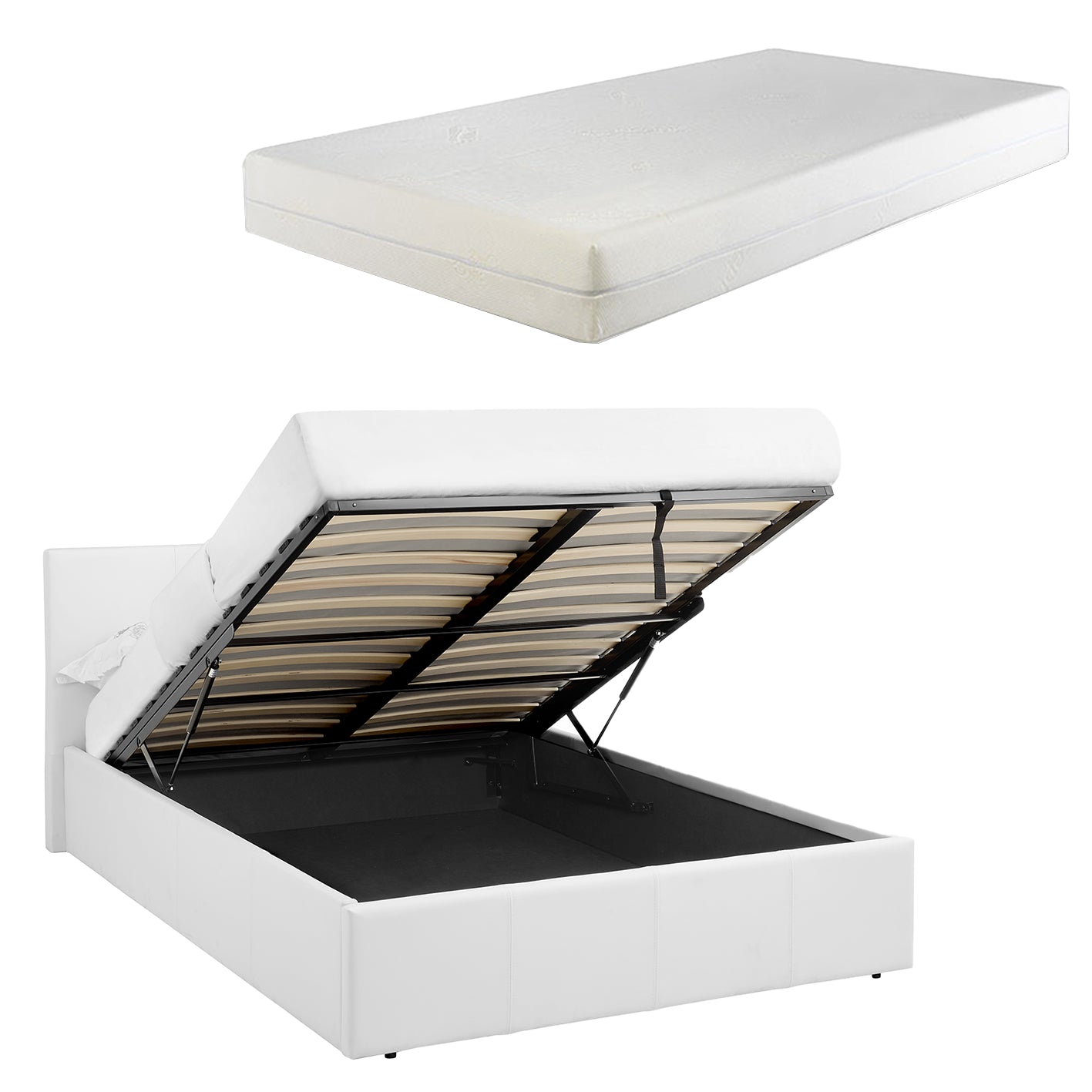 LUNA 4FT Small Double White Ottoman Storage Bed with Gas Lift & 15cm Thick Memory Foam Mattress - L: 203cm x W: 138cm x H: 88.5cm