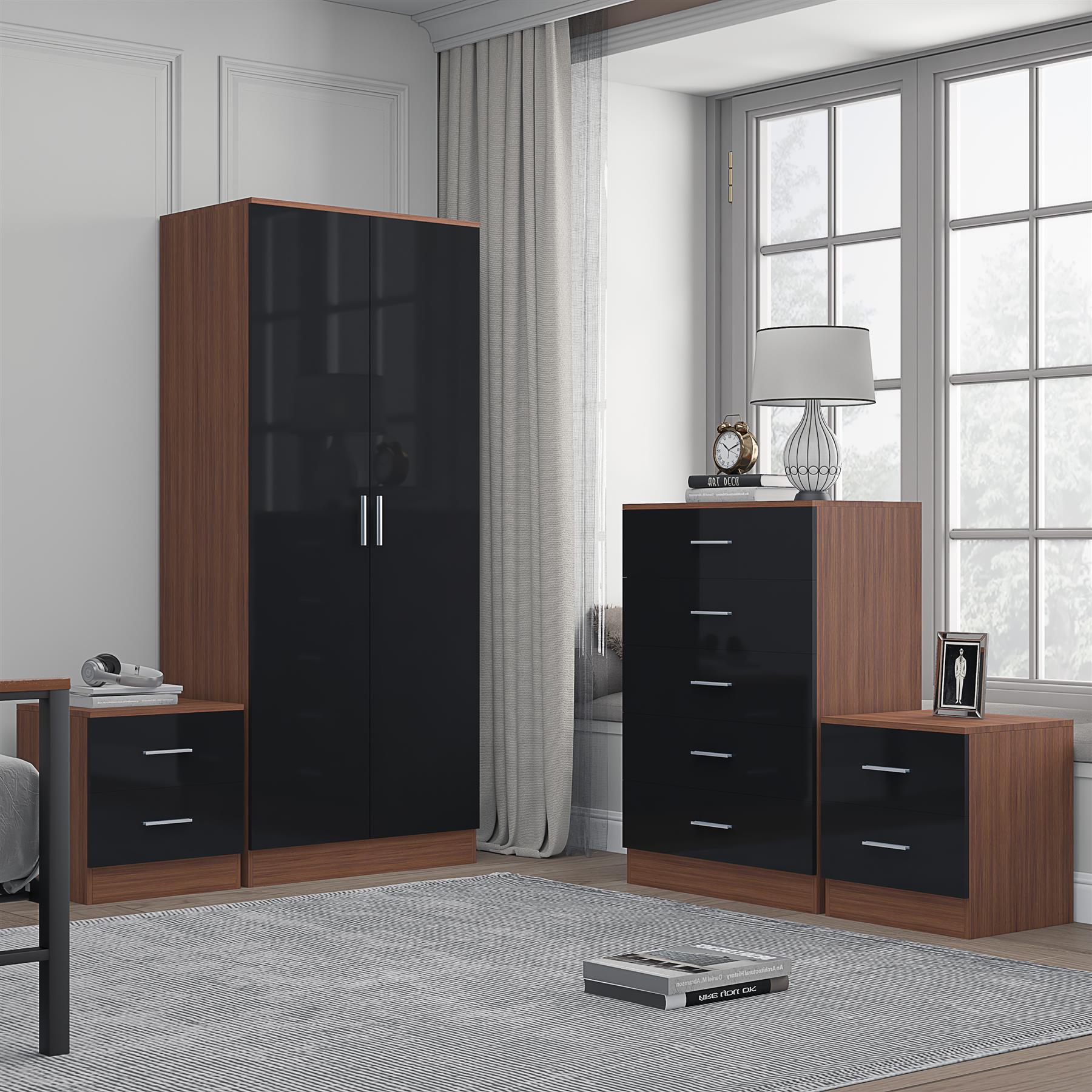 Reflect 2 Door Plain Wardrobe, 5 Drawer Chest, 2x 2 Drawer Bedsides - Black Gloss & Walnut - Modern Bedroom Furniture Set