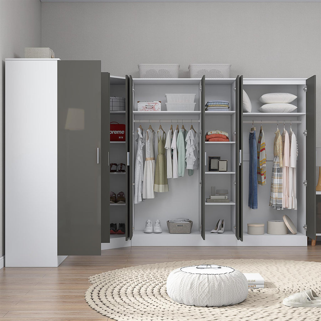 Reflect 4pc Wardrobe Bundle - 2 Door Corner + 3 Door Plain + 2x 2 Door Plain - Grey Gloss & Matt White