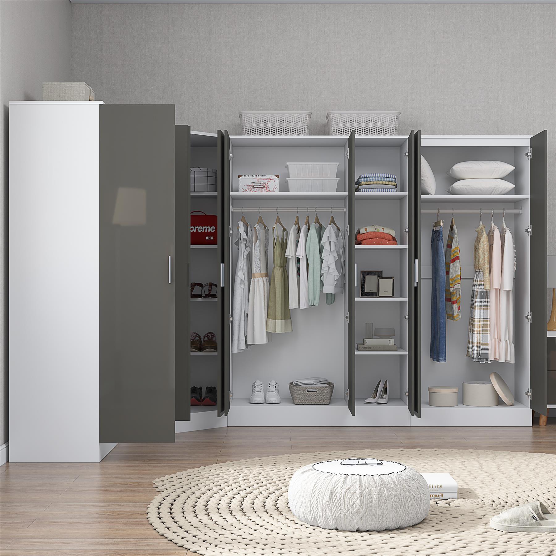 Reflect 4pc Wardrobe Bundle - 2 Door Corner + 3 Door Plain + 2x 2 Door Plain - Grey Gloss & Matt White