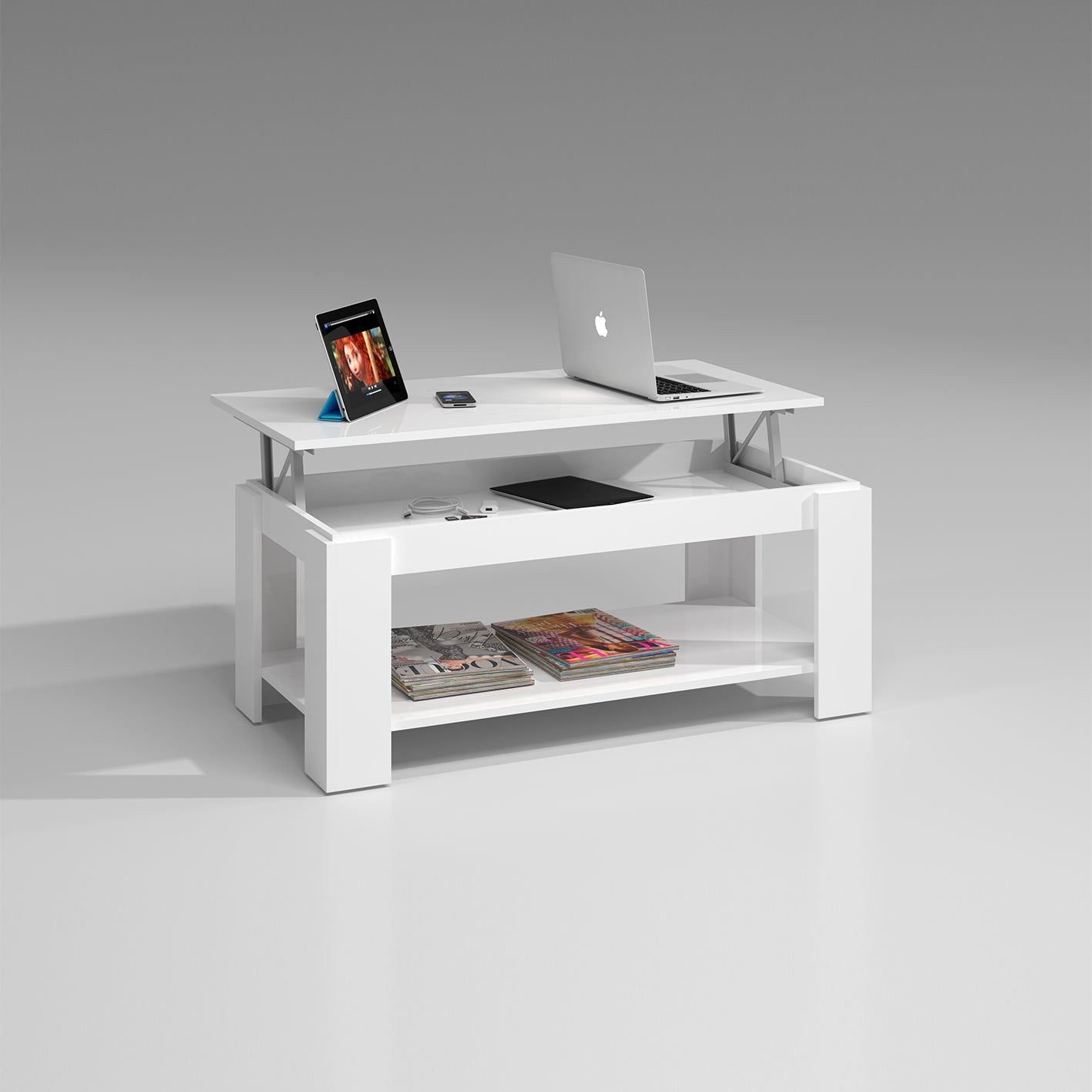 AMBIT White Lift-Up Storage Coffee Table with Shelf- Modern Living Room Furniture