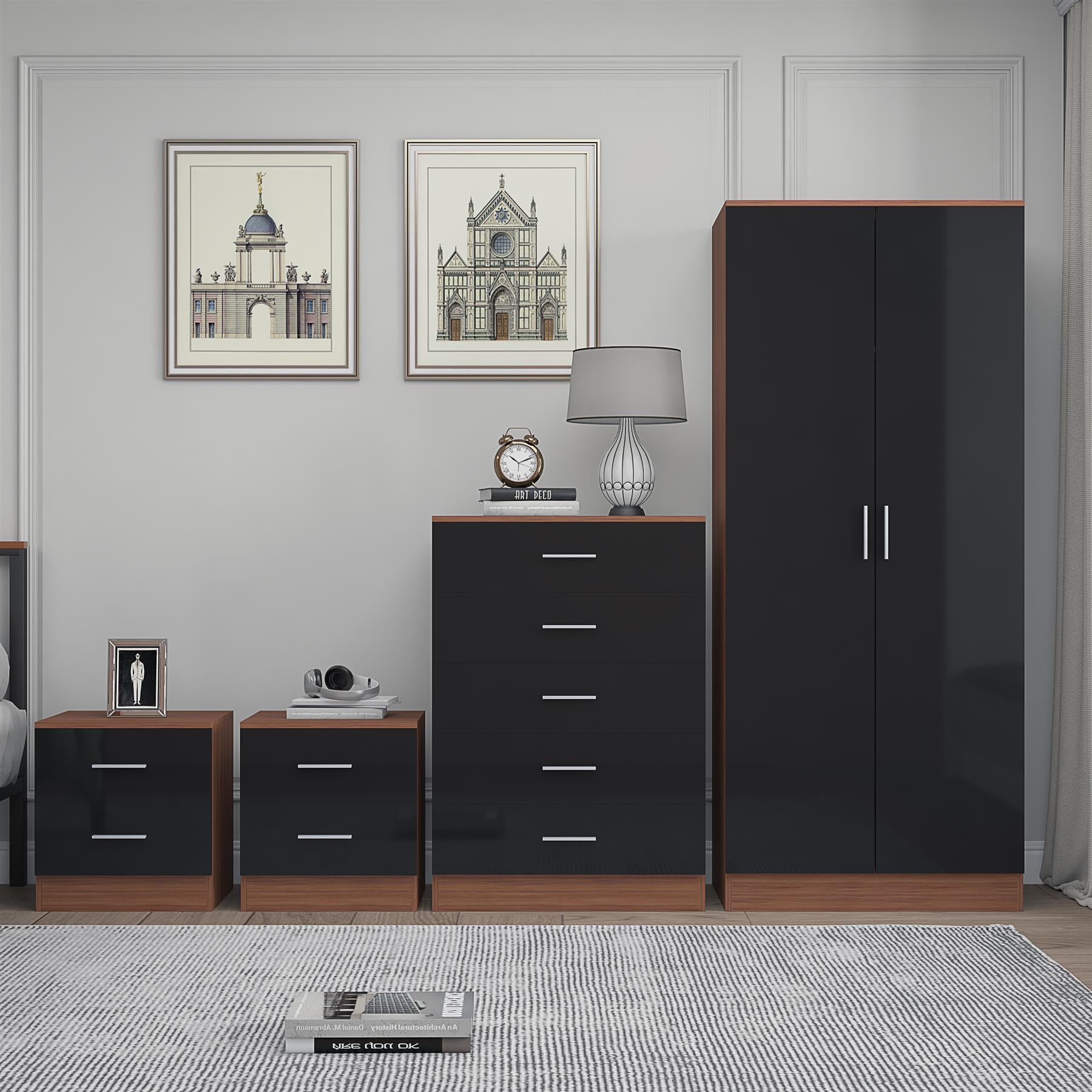 Reflect 2 Door Plain Wardrobe, 5 Drawer Chest, 2x 2 Drawer Bedsides - Black Gloss & Walnut - Modern Bedroom Furniture Set