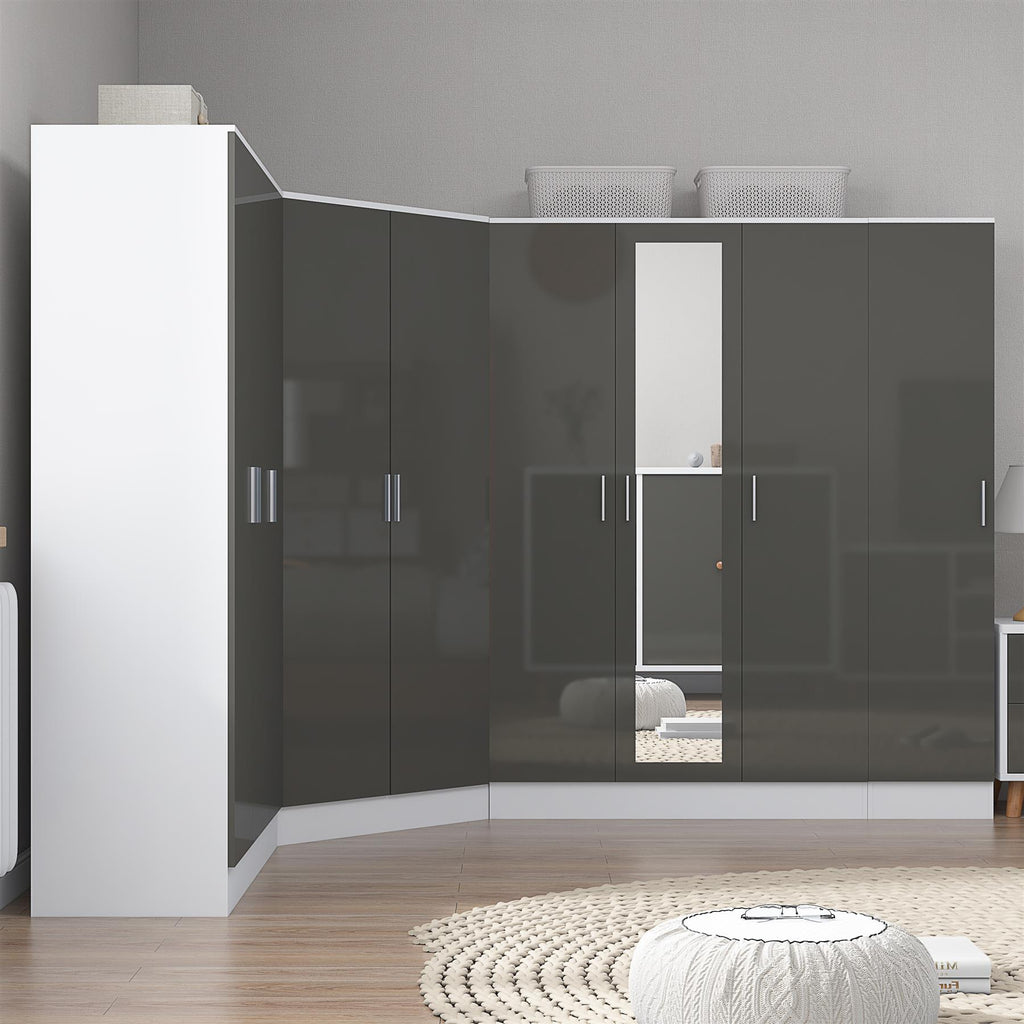 Reflect 4pc Wardrobe Bundle - 2 Door Corner + 3 Door Mirror + 3 Door Plain + 1 Door Plain - Grey Gloss & Matt White