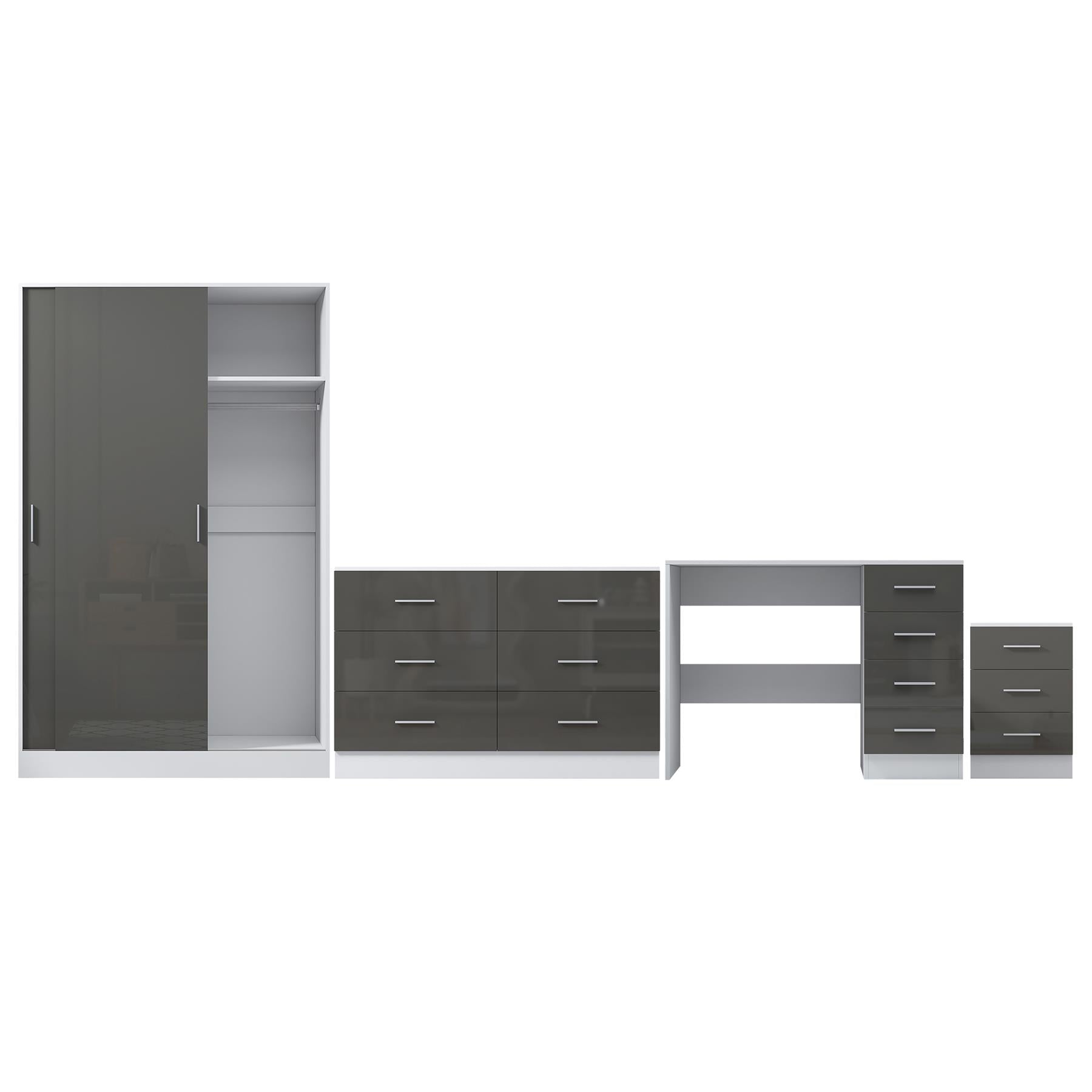Reflect 2 Door Sliding Wardrobe, 6 Drawer Wide Chest, 3 Drawer Bedside, 4 Drawer Desk - Grey Gloss & Matt White - Modern Bedroom Furniture Set.