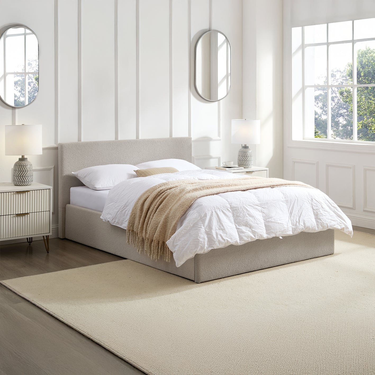 TEDDY BOUCLE 4FT Small Double Beige Ottoman Storage Bed Gas Lift Up - (L) 203cm x (W) 138cm with 25cm Memory Foam Mattress