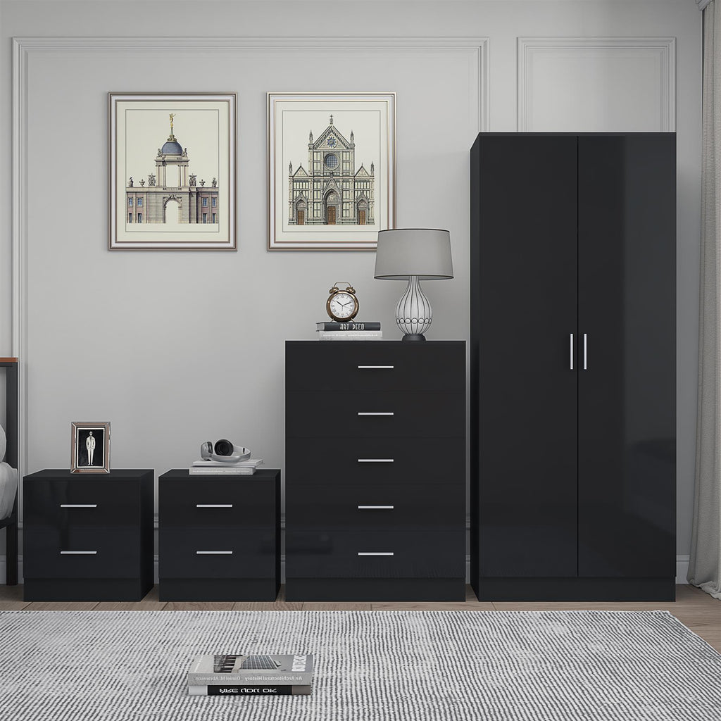 Reflect 2 Door Plain Wardrobe, 5 Drawer Chest, 2x 2 Drawer Bedsides - Black Gloss & Black Oak - Modern Bedroom Furniture Set