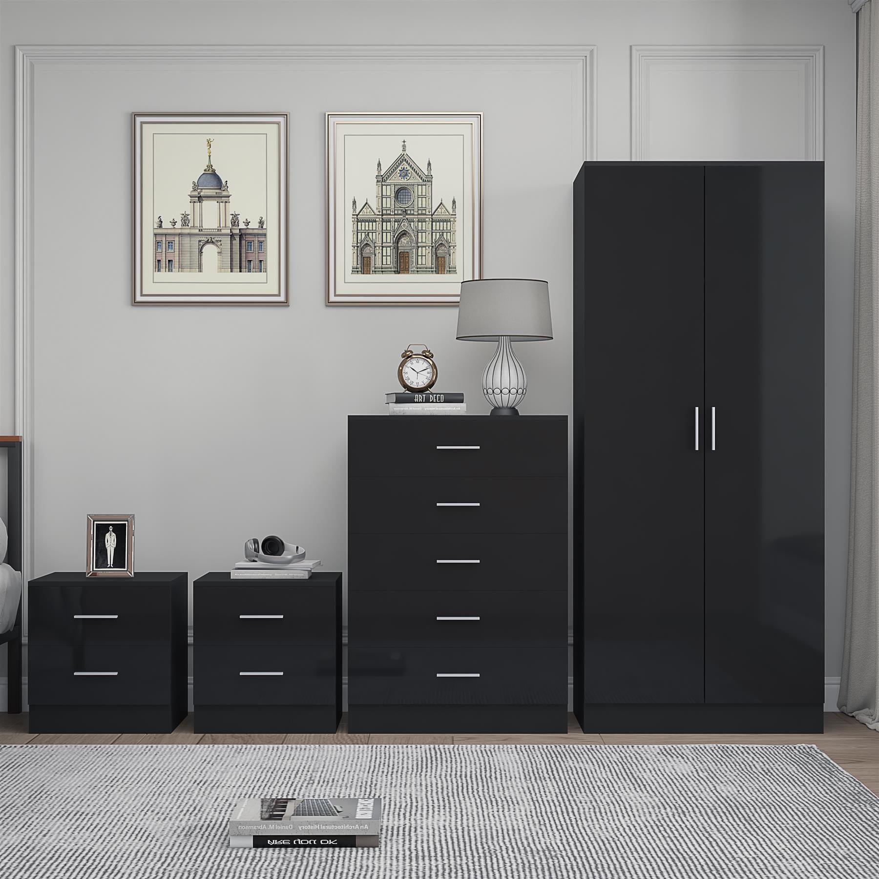 Reflect 2 Door Plain Wardrobe, 5 Drawer Chest, 2x 2 Drawer Bedsides - Black Gloss & Black Oak - Modern Bedroom Furniture Set