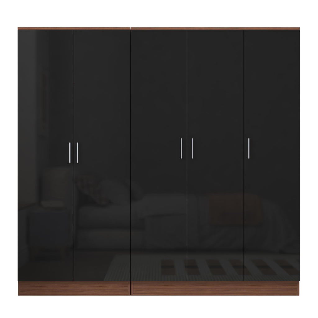 REFLECT - 3 Door PLAIN + 2 Door PLAIN Wardrobe - Gloss Black / Matt Walnut