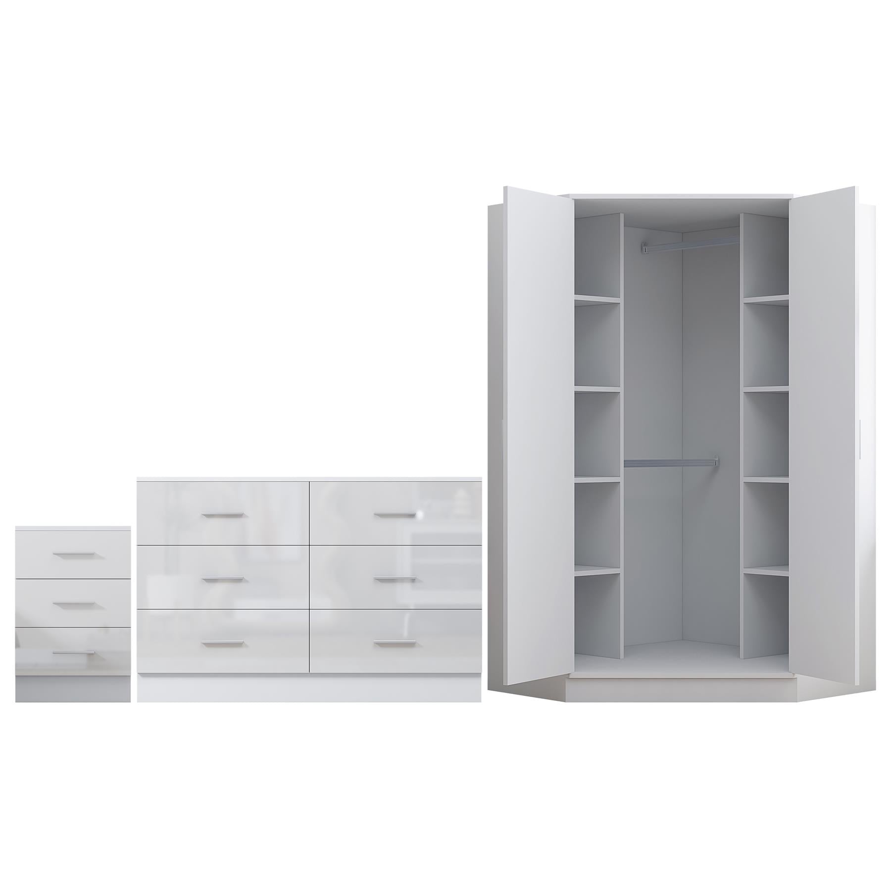 REFLECT - 2 Door CORNER + 6 Drawer Chest + 3 Drawer Bedside - Gloss White / Matt White