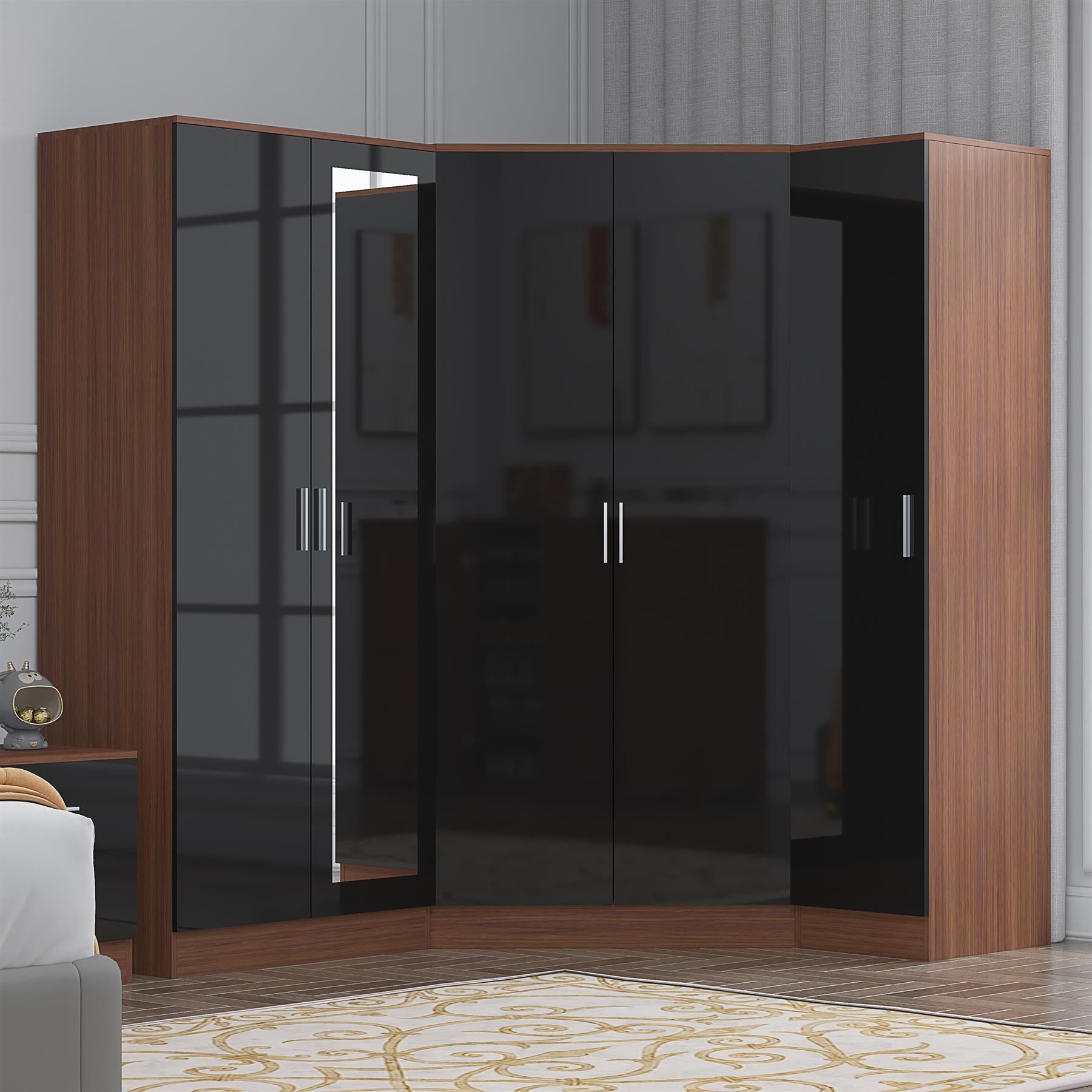 Reflect 3pc Wardrobe Bundle - 2 Door Corner + 2 Door Mirror + 1 Door Plain - Black Gloss & Walnut