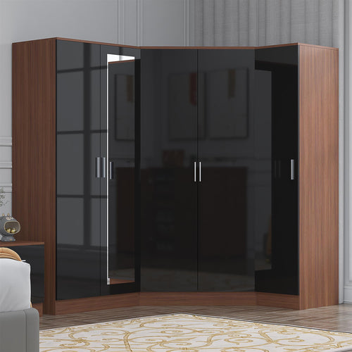 Reflect 3pc Wardrobe Bundle - 2 Door Corner + 2 Door Mirror + 1 Door Plain - Black Gloss & Walnut