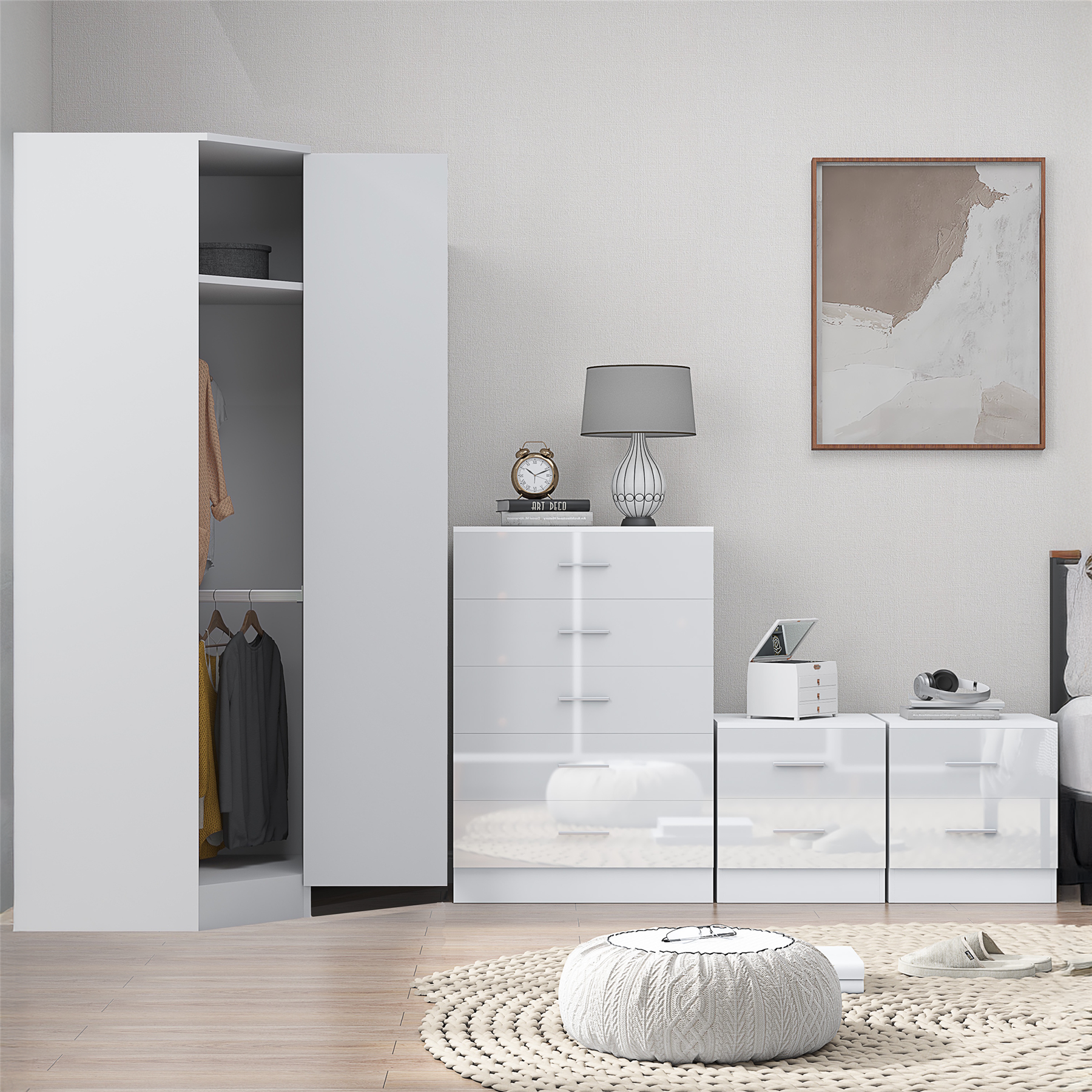 REFLECT - 1 Door Corner + 5 Drawer Chest + 2x 2 Drawer Bedside in Gloss White / Matt White