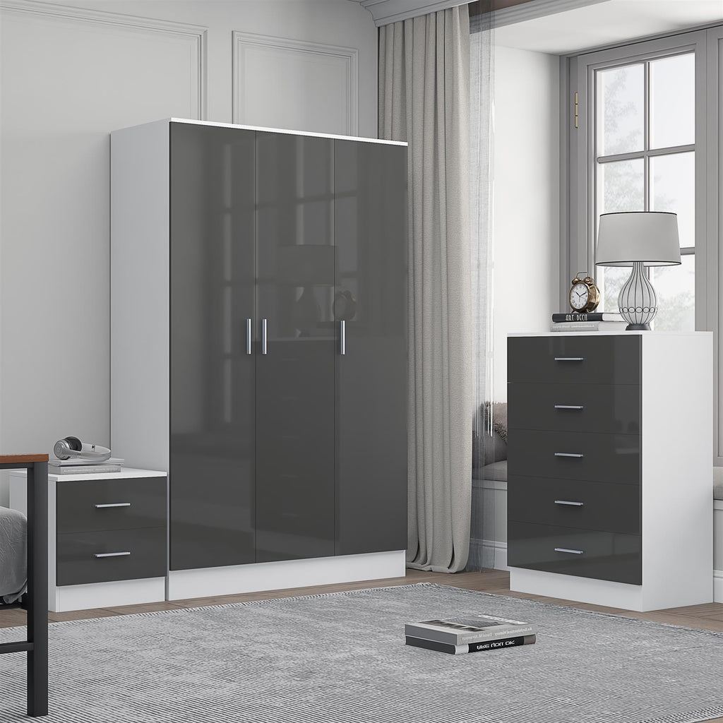 Reflect 3 Door Plain Wardrobe, 5 Drawer Chest, 2 Drawer Bedside - Grey Gloss & Matt White - Modern Bedroom Furniture Set