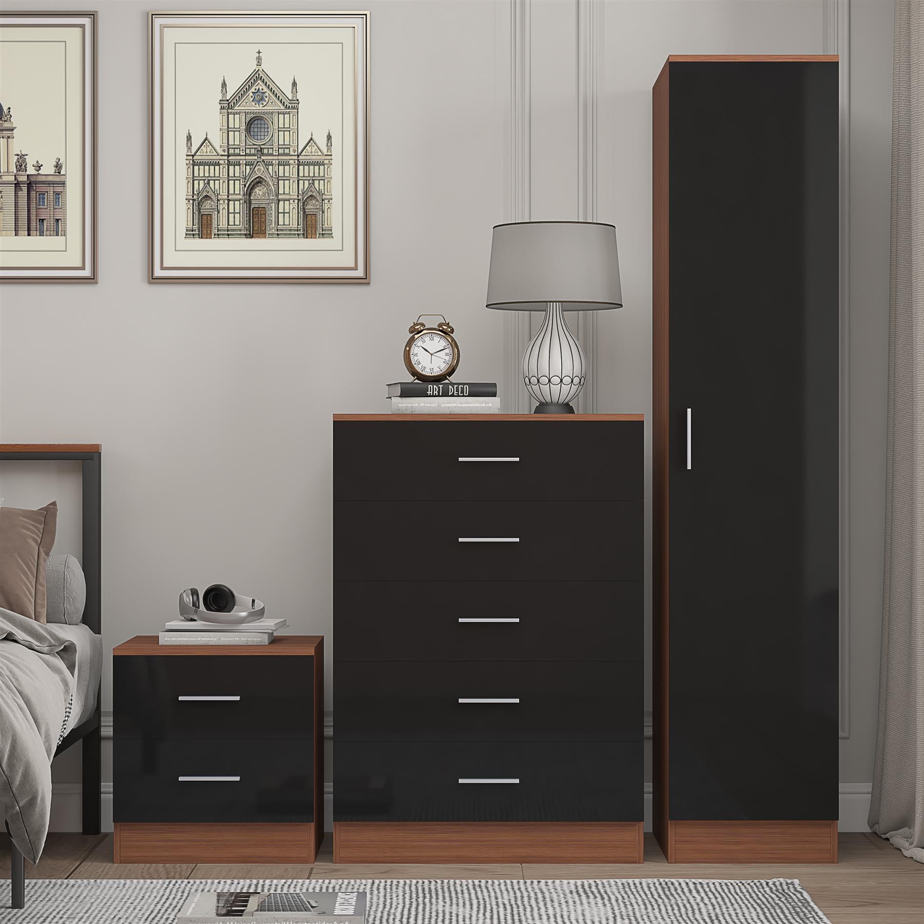 REFLECT Gloss 3pc Bedroom Set - 1 Door Wardrobe + 5 Draw Chest + Bedside