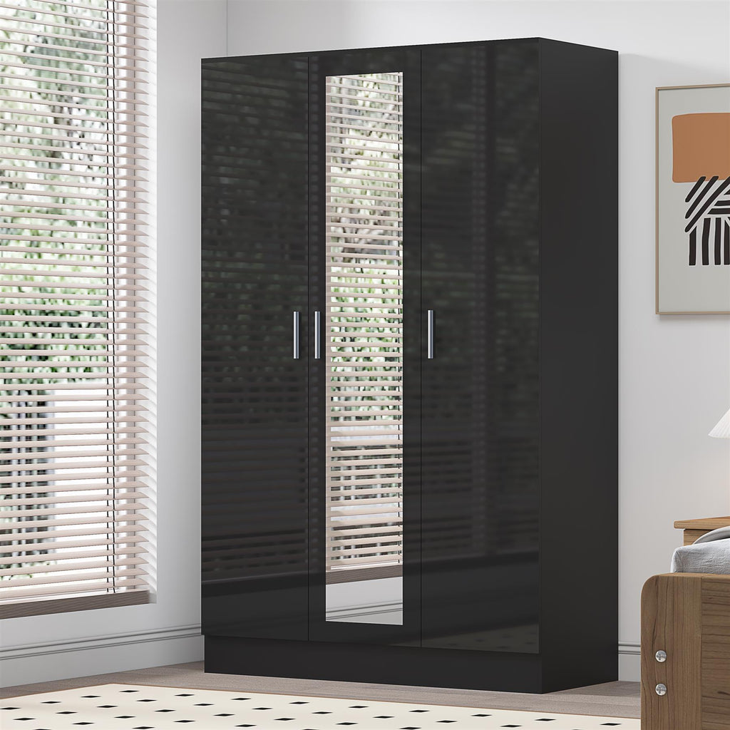 Reflect 3 Door Mirror Wardrobe - Black Gloss & Black Oak - Hanging Rail & 4 Shelves- H: 180cm x W: 113cm x D: 47cm - Modern Design