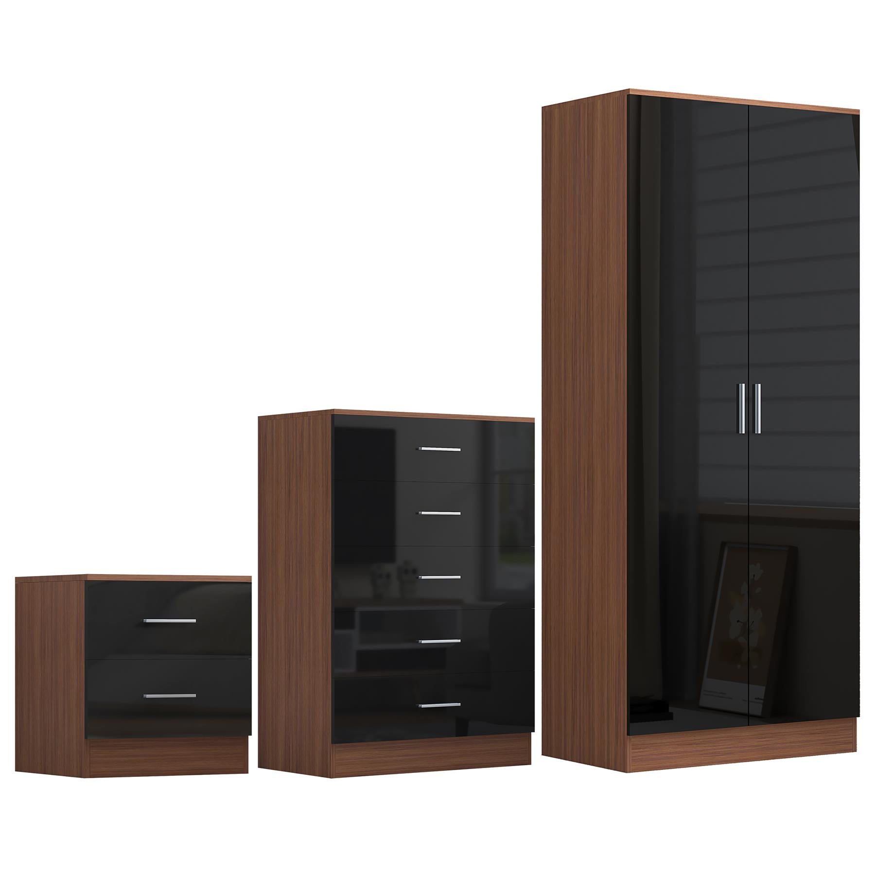 Reflect 2 Door Plain Wardrobe, 5 Drawer Chest, 2 Drawer Bedside - Black Gloss & Walnut - Modern Bedroom Furniture Set
