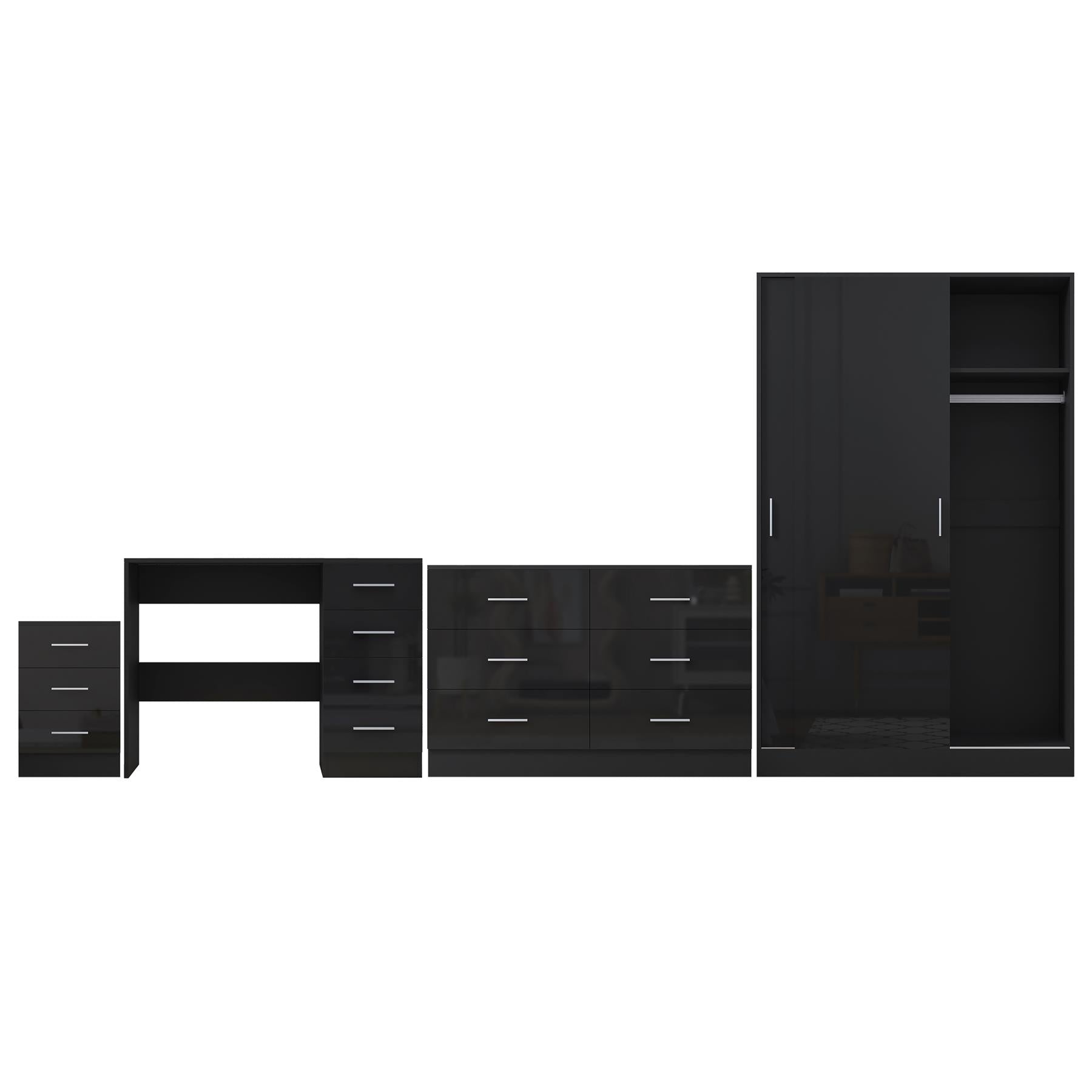 Reflect 2 Door Sliding Wardrobe, 6 Drawer Wide Chest, 3 Drawer Bedside, 4 Drawer Desk - Black Gloss & Black Oak - Modern Bedroom Furniture Set.