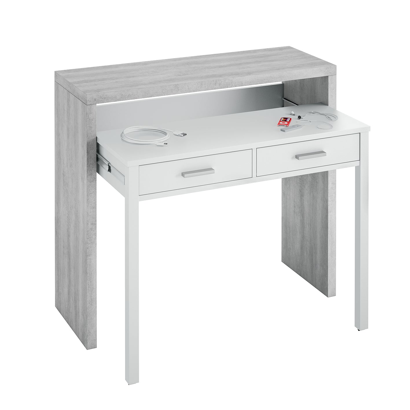AMBRA Extending Computer Desk with 2 Storage Drawers - Home Office & Console Table for Bedroom, Living Room, Hallway - White/Grey.