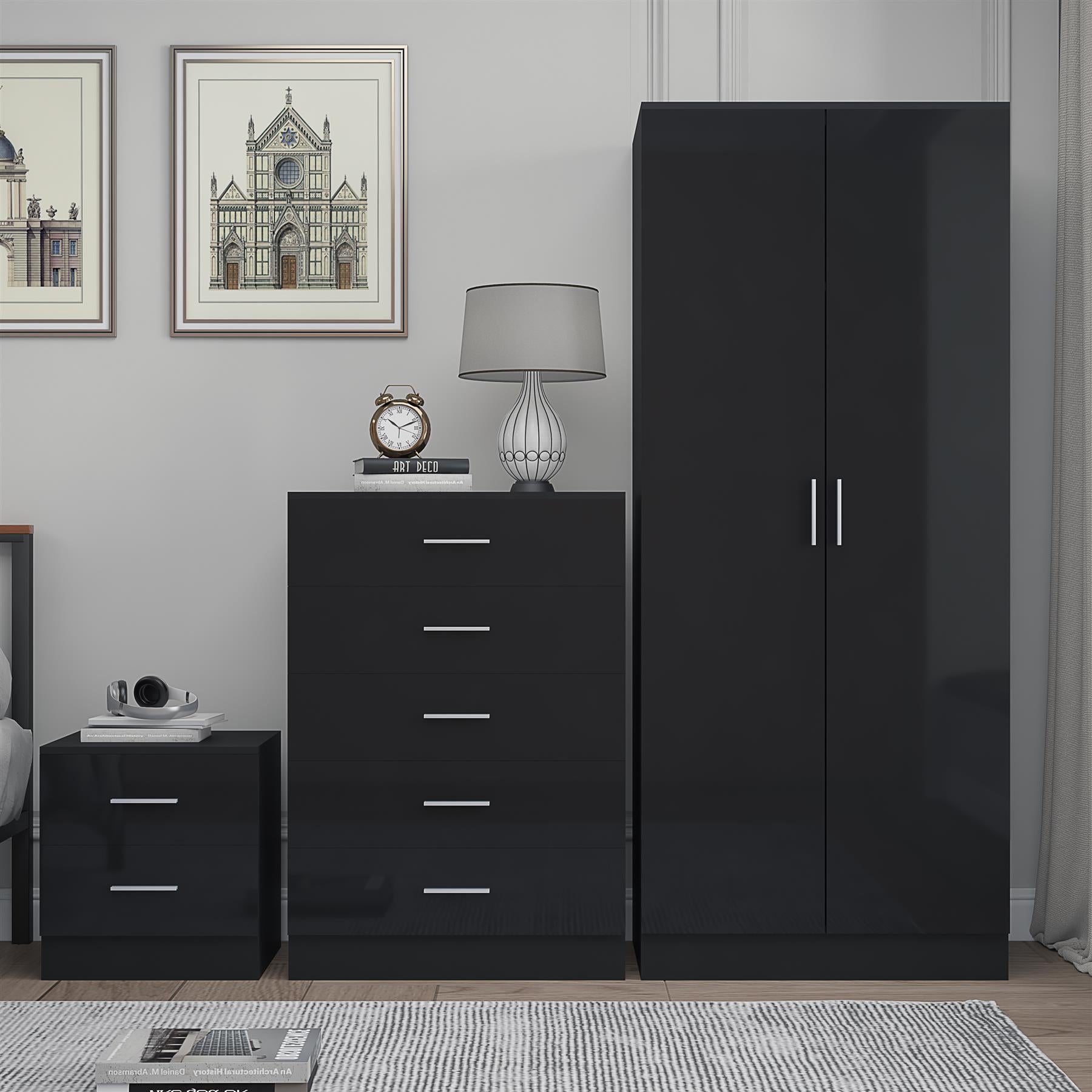 Reflect 2 Door Plain Wardrobe, 5 Drawer Chest, 2 Drawer Bedside - Black Gloss & Black Oak - Modern Bedroom Furniture Set