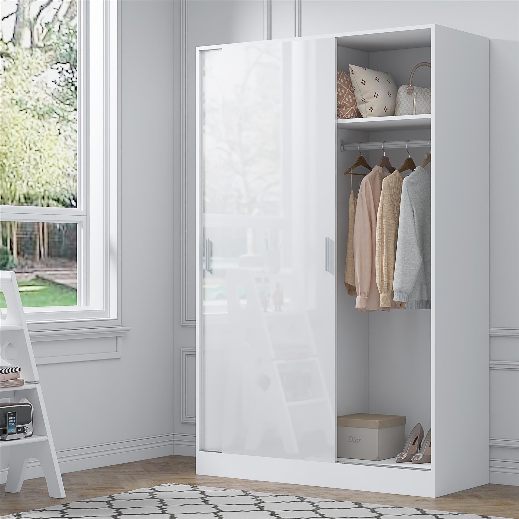 Reflect 2 Door Sliding Wardrobe - White Gloss & Matt White - Hanging Rails & Shelves - H:180cm x W:120cm x D: 58cm - Modern Design